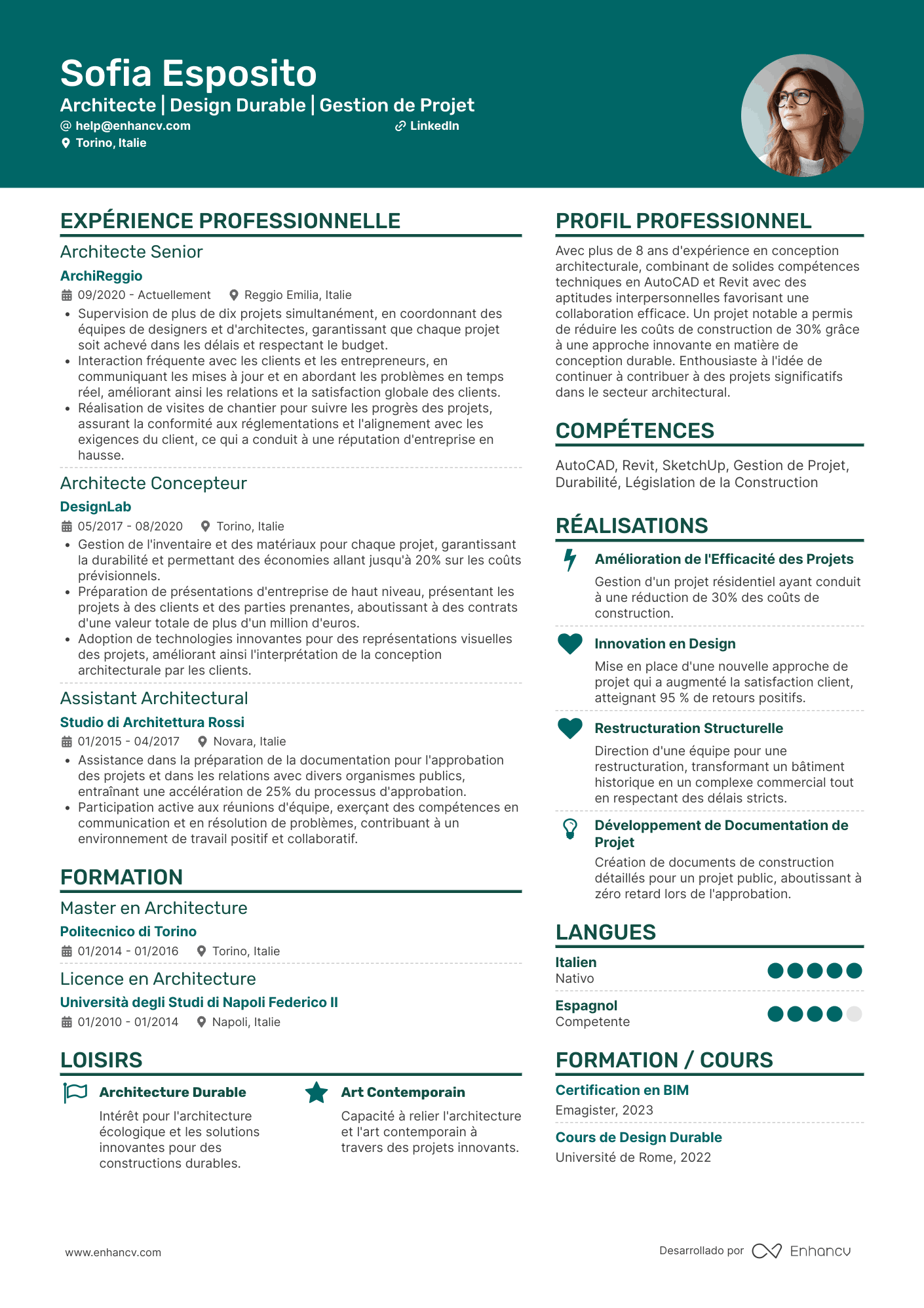 Architecte | Design Durable | Gestion de Projet Esempio di CV