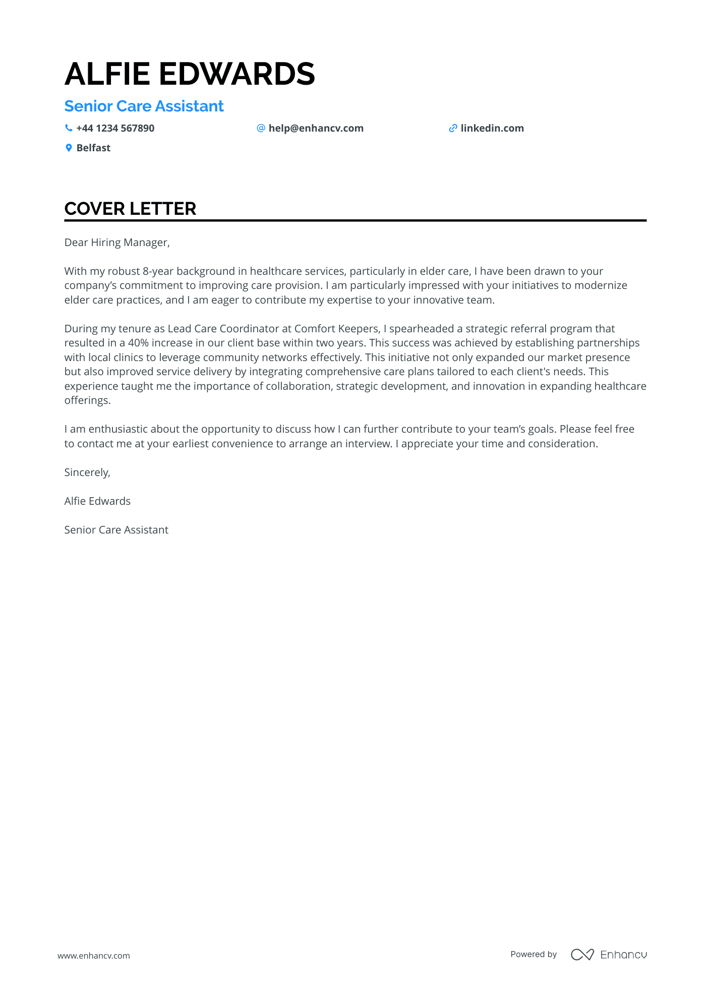 Care assistant cover letter example