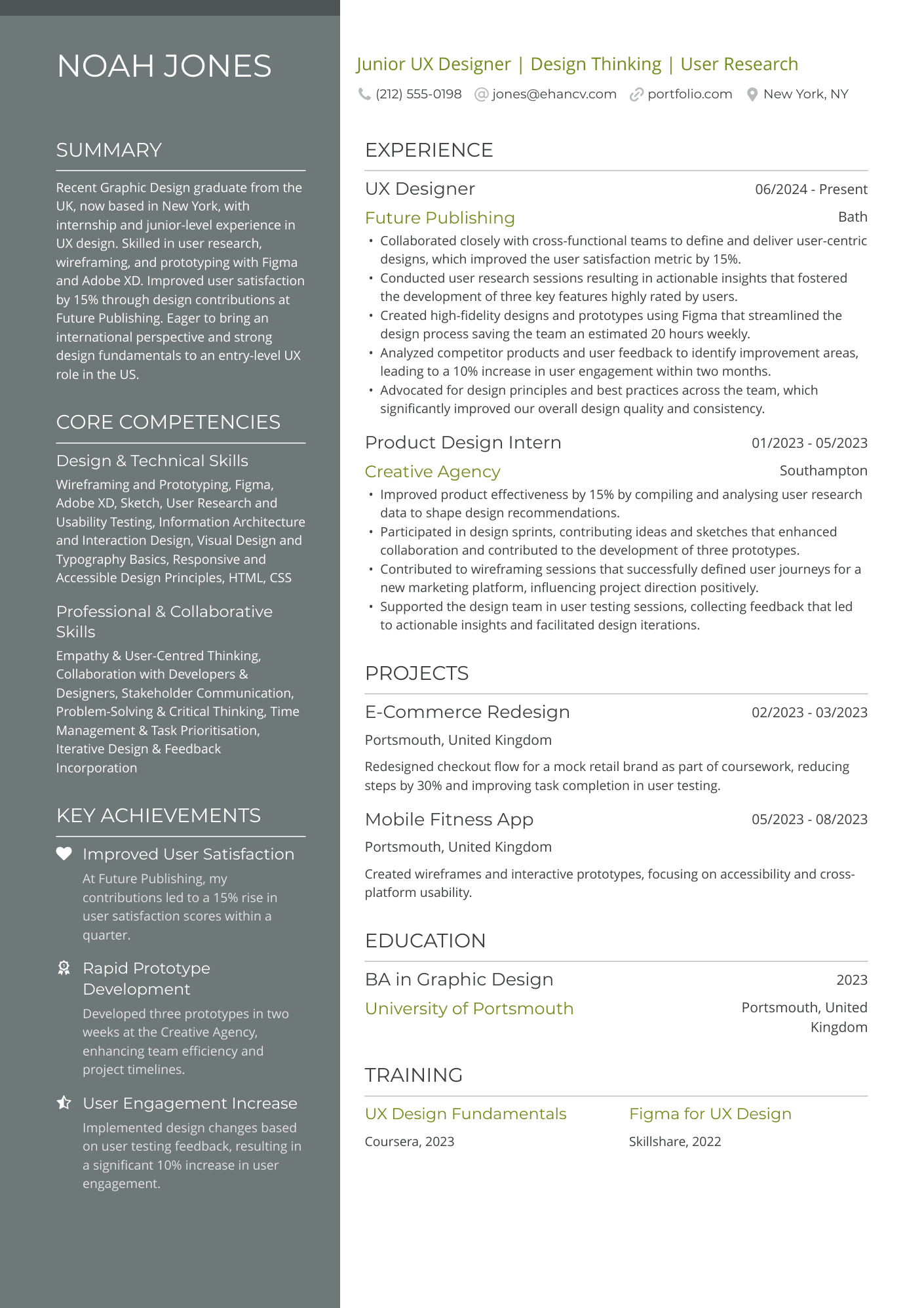 Junior UX Designer | Design Thinking | User Research CV Example