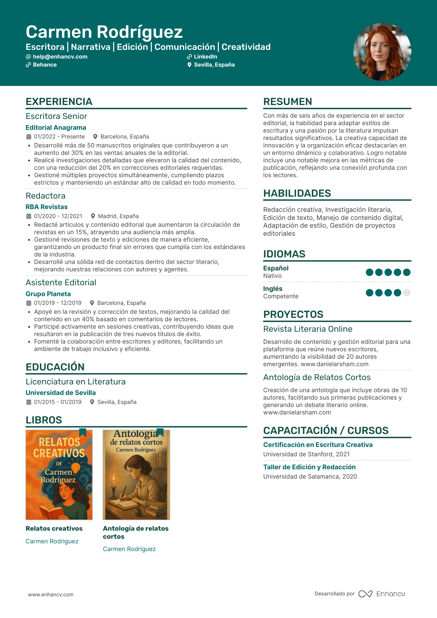Escritora | Narrativa | Edición | Comunicación | Creatividad Ejemplo de CV