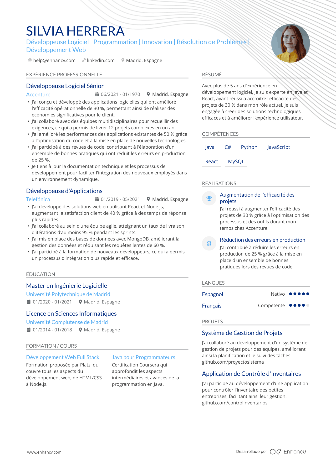 Développeuse Logiciel | Programmation | Innovation | Résolution de Problèmes | Développement Web Ejemplo de CV