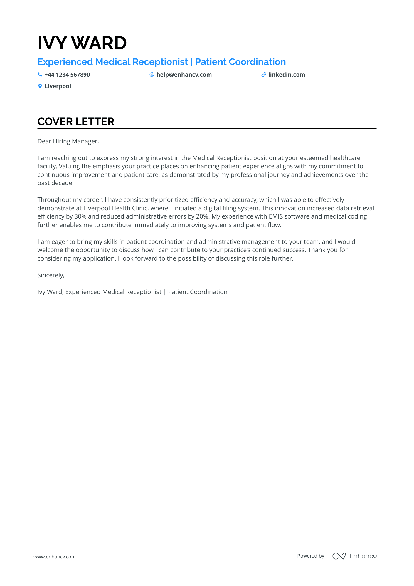 Medical receptionist cover letter example