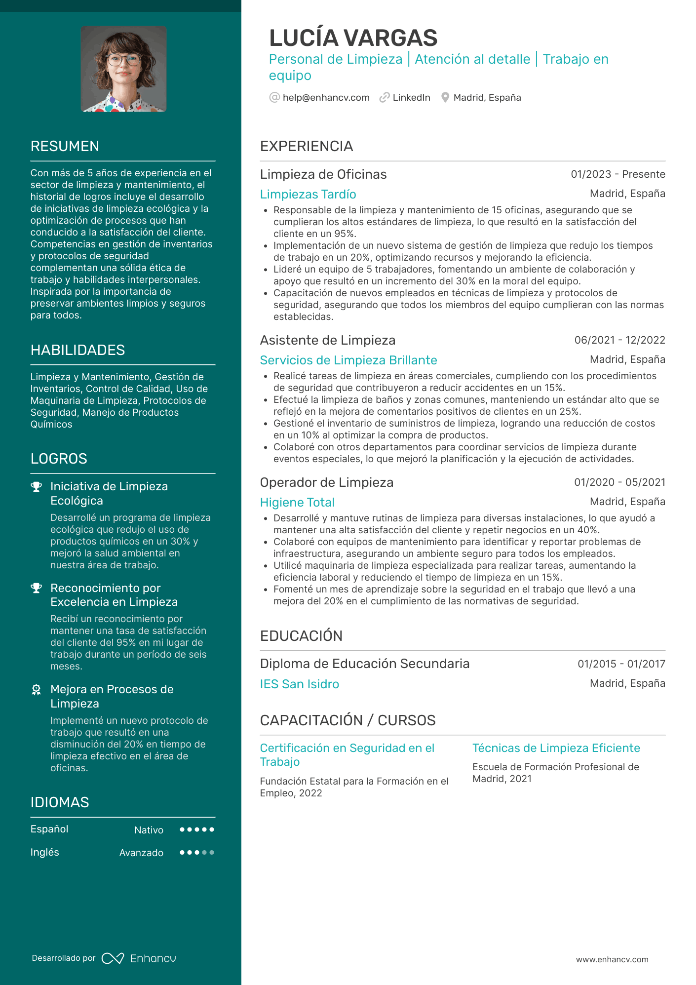 Personal de Limpieza | Atención al detalle | Trabajo en equipo Ejemplo de CV