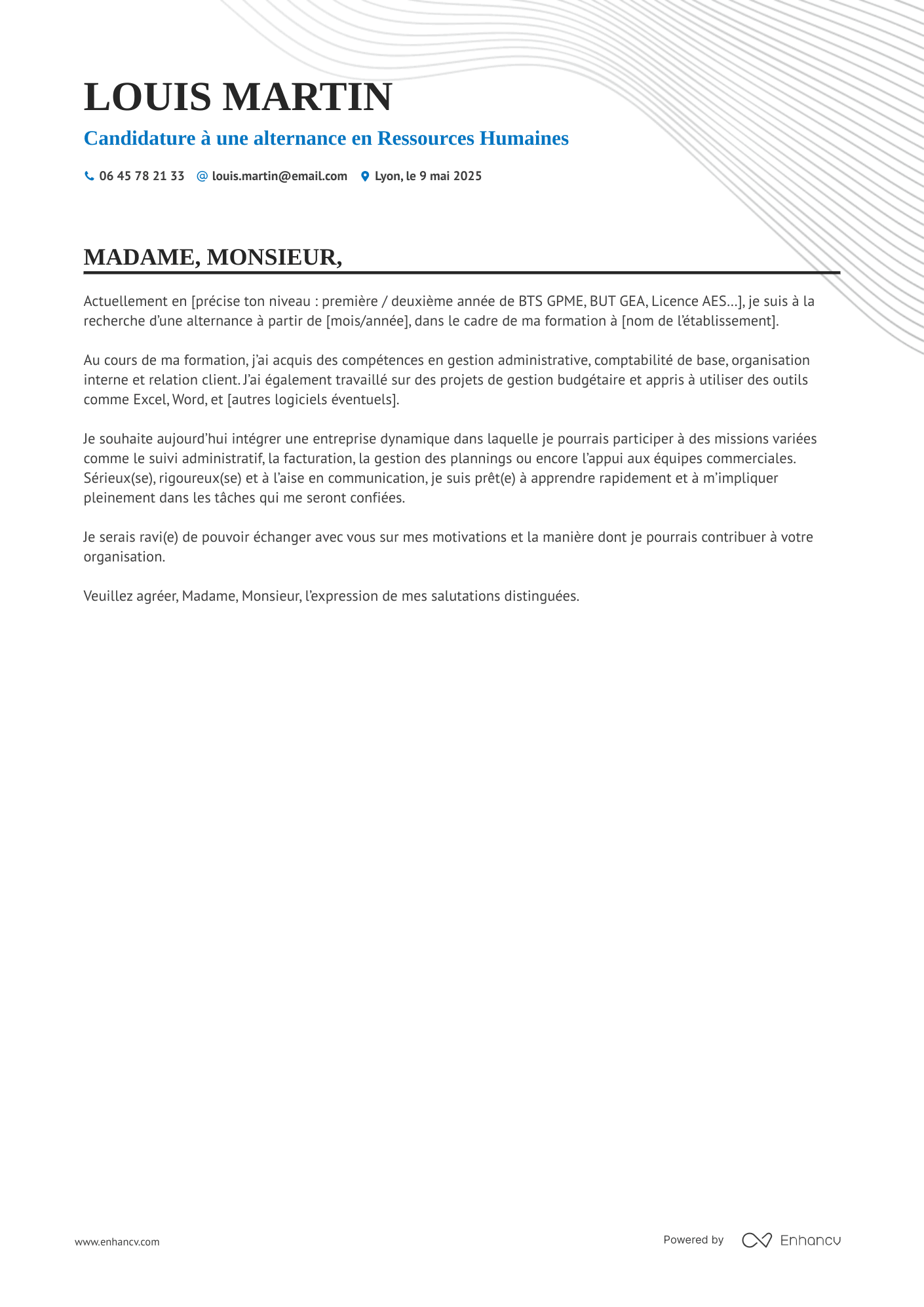 Candidature à une alternance en Ressources Humaines resume example