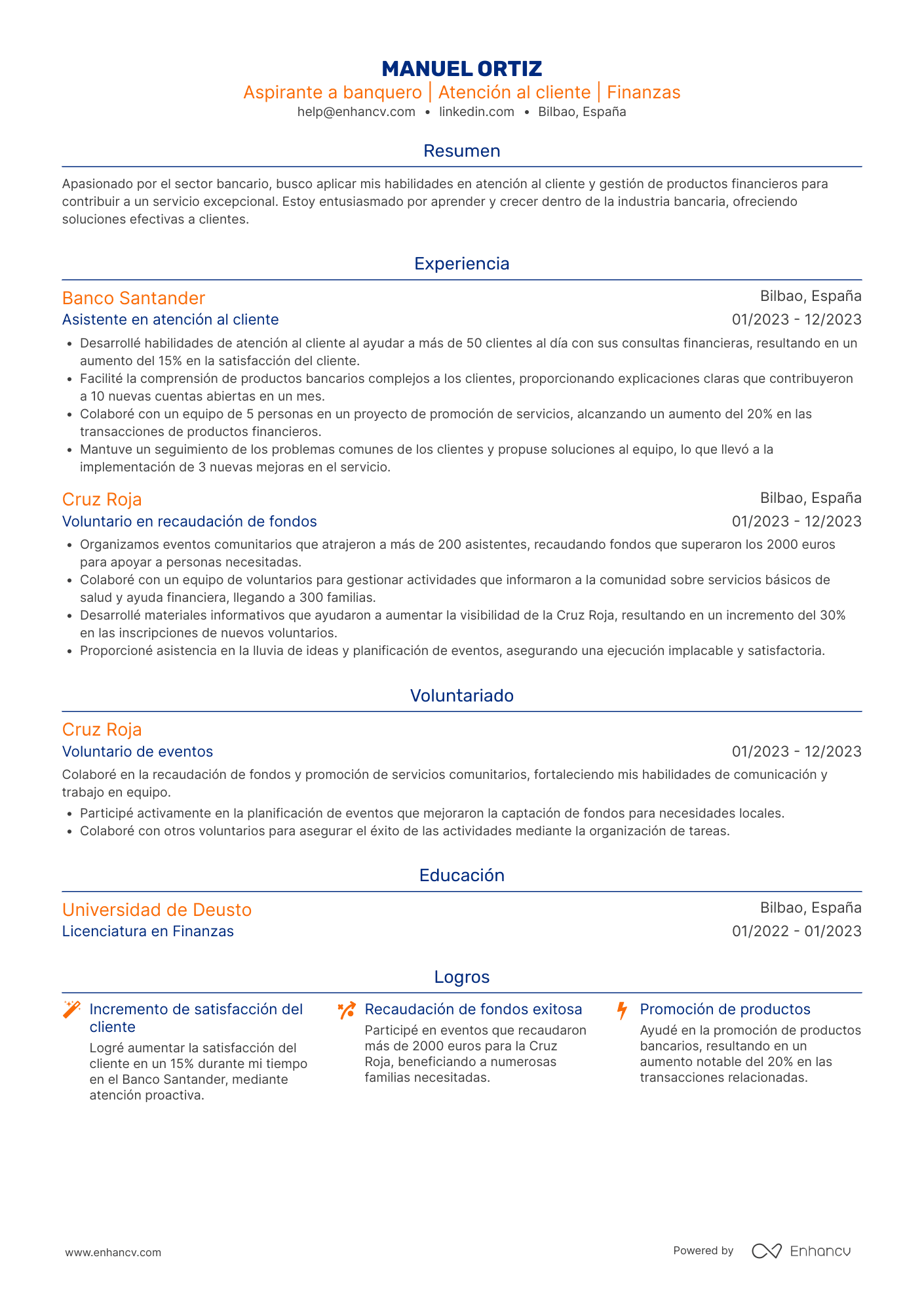 Aspirante a banquero | Atención al cliente | Finanzas resume example