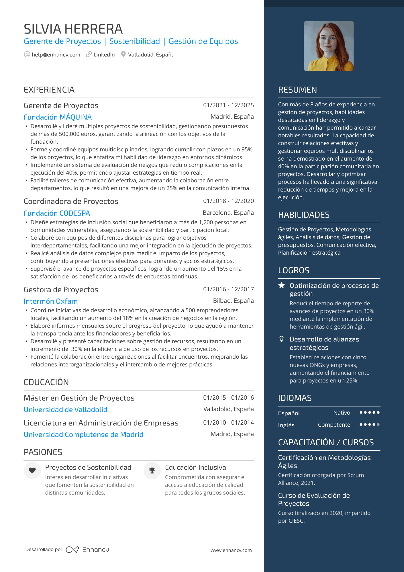 Gerente de Proyectos | Sostenibilidad | Gestión de Equipos Ejemplo de CV