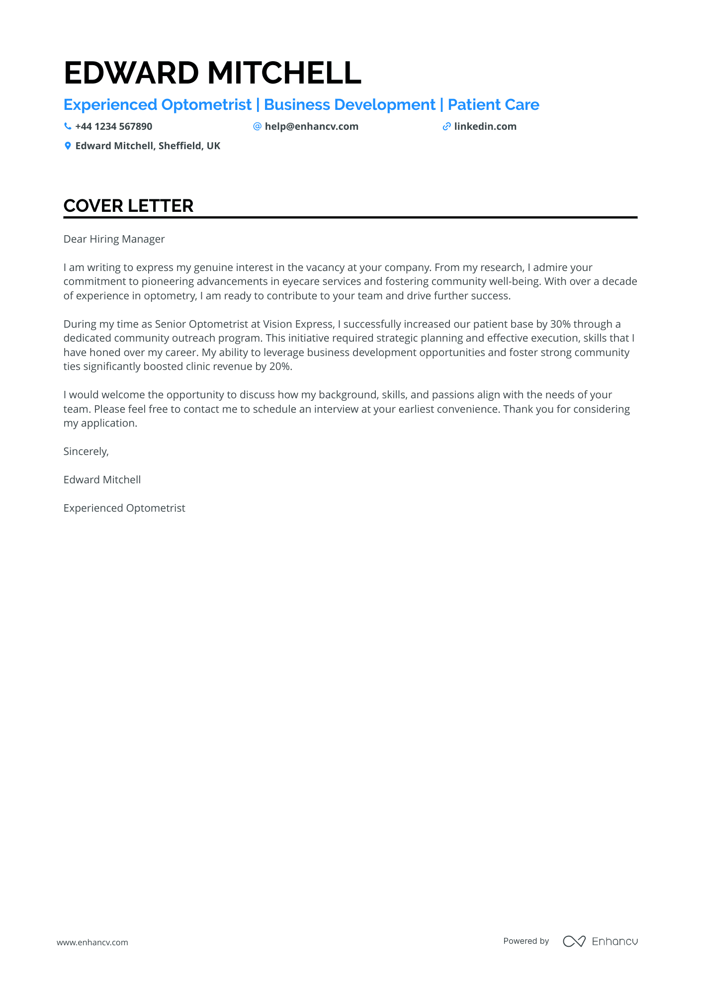 Optometry cover letter example