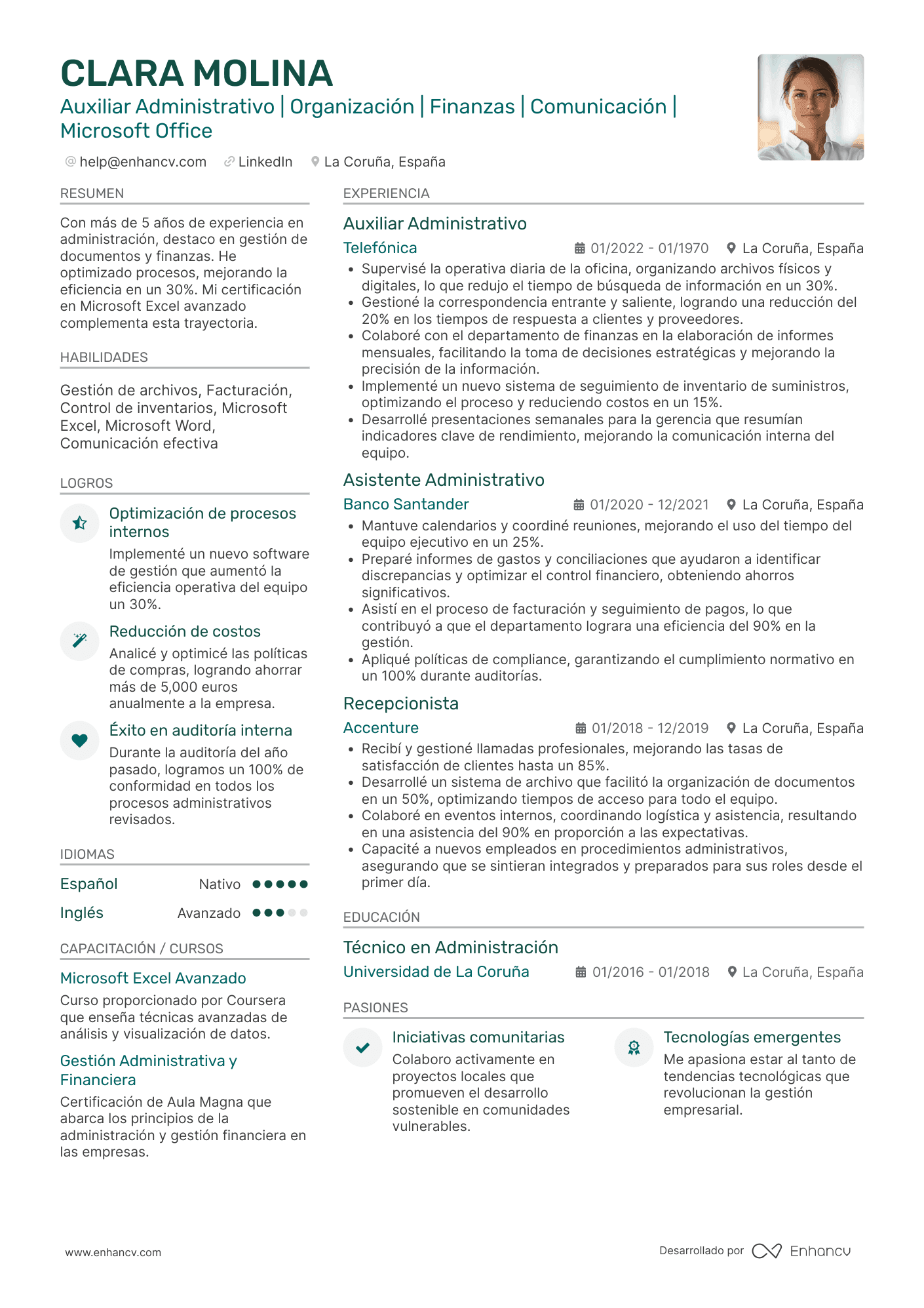 Auxiliar Administrativo | Organización | Finanzas | Comunicación | Microsoft Office Ejemplo de CV