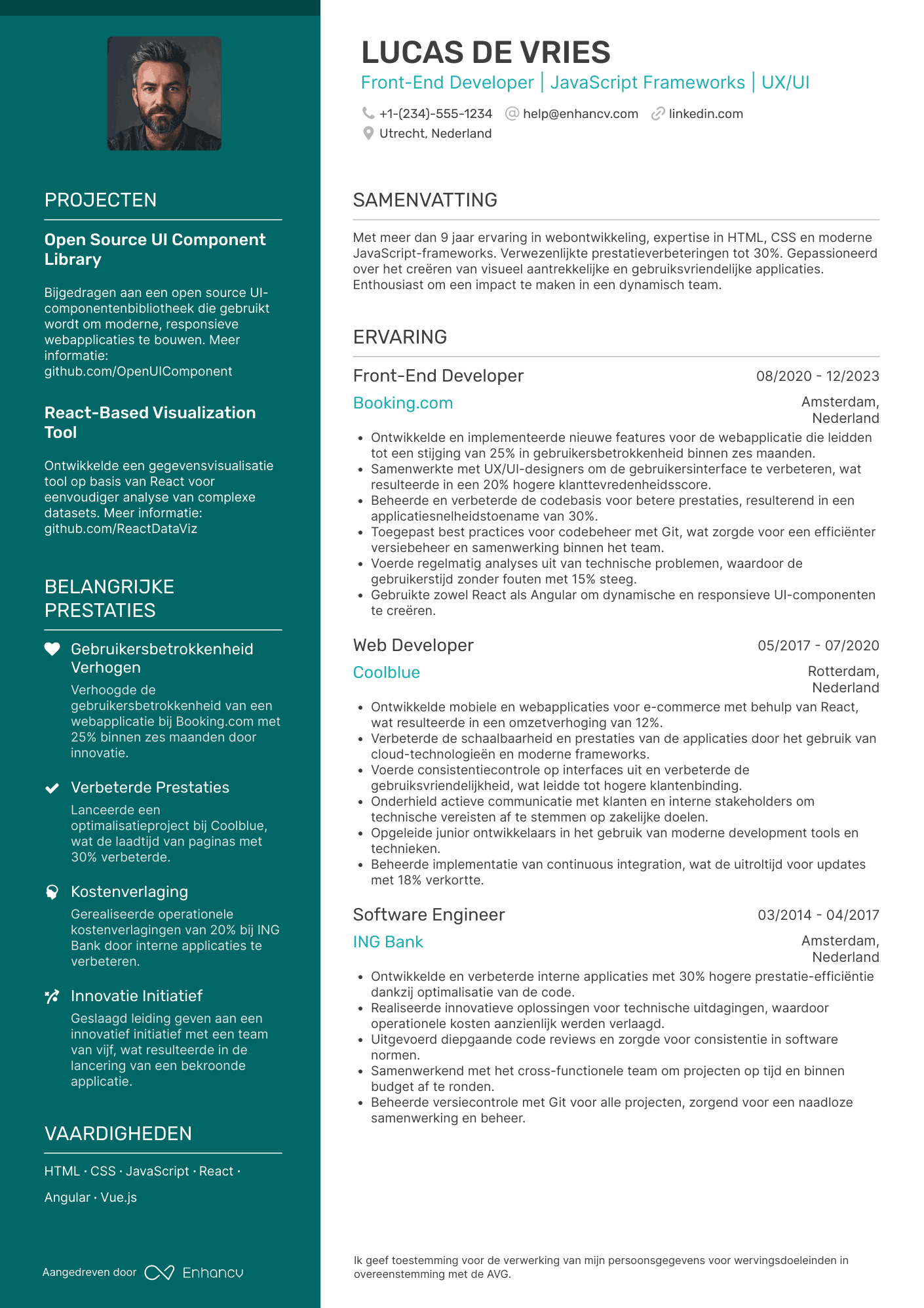 Front End Developer | JavaScript Frameworks | UX/UI CV voorbeeld