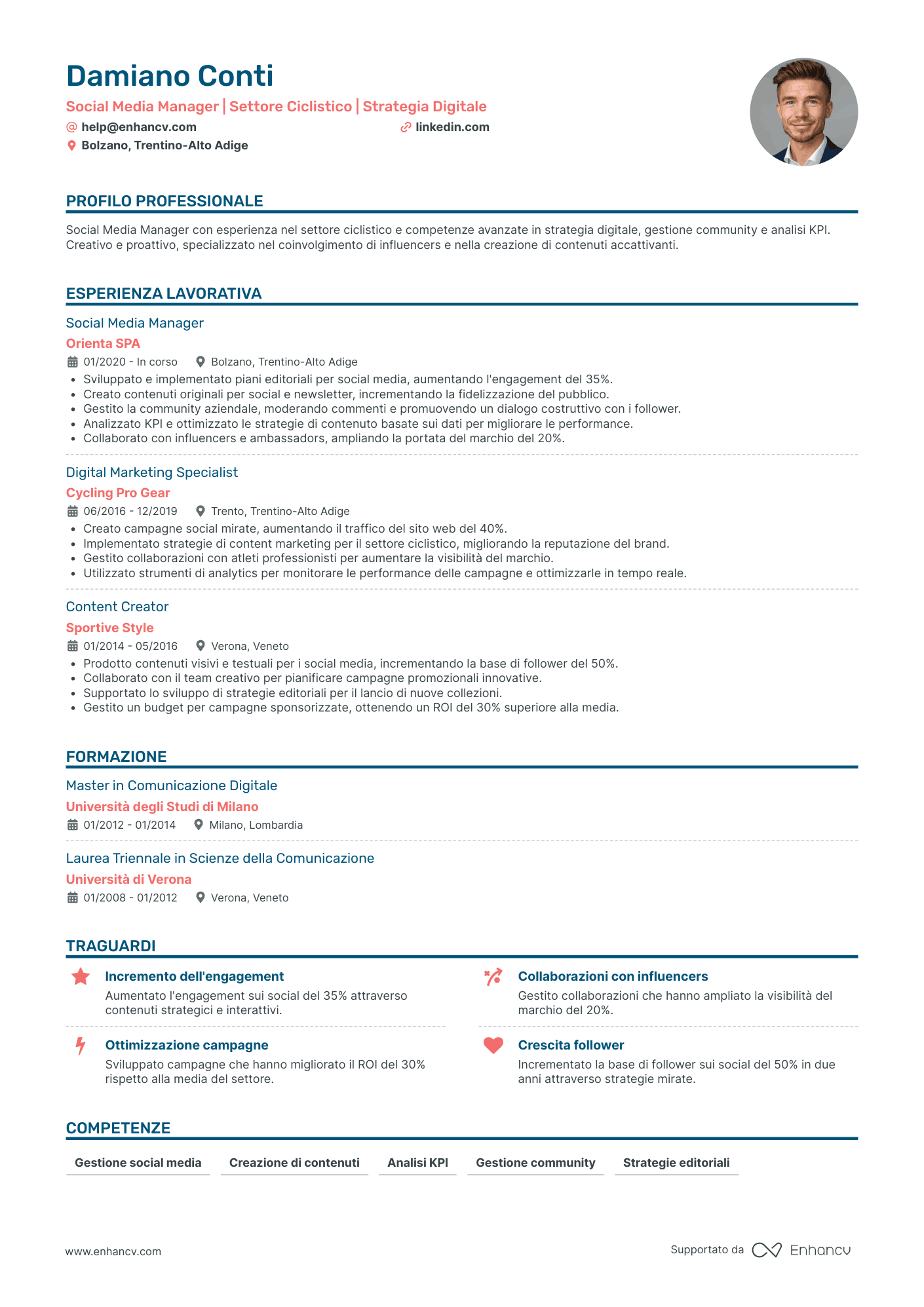 Social Media Manager | Settore Ciclistico | Strategia Digitale resume example