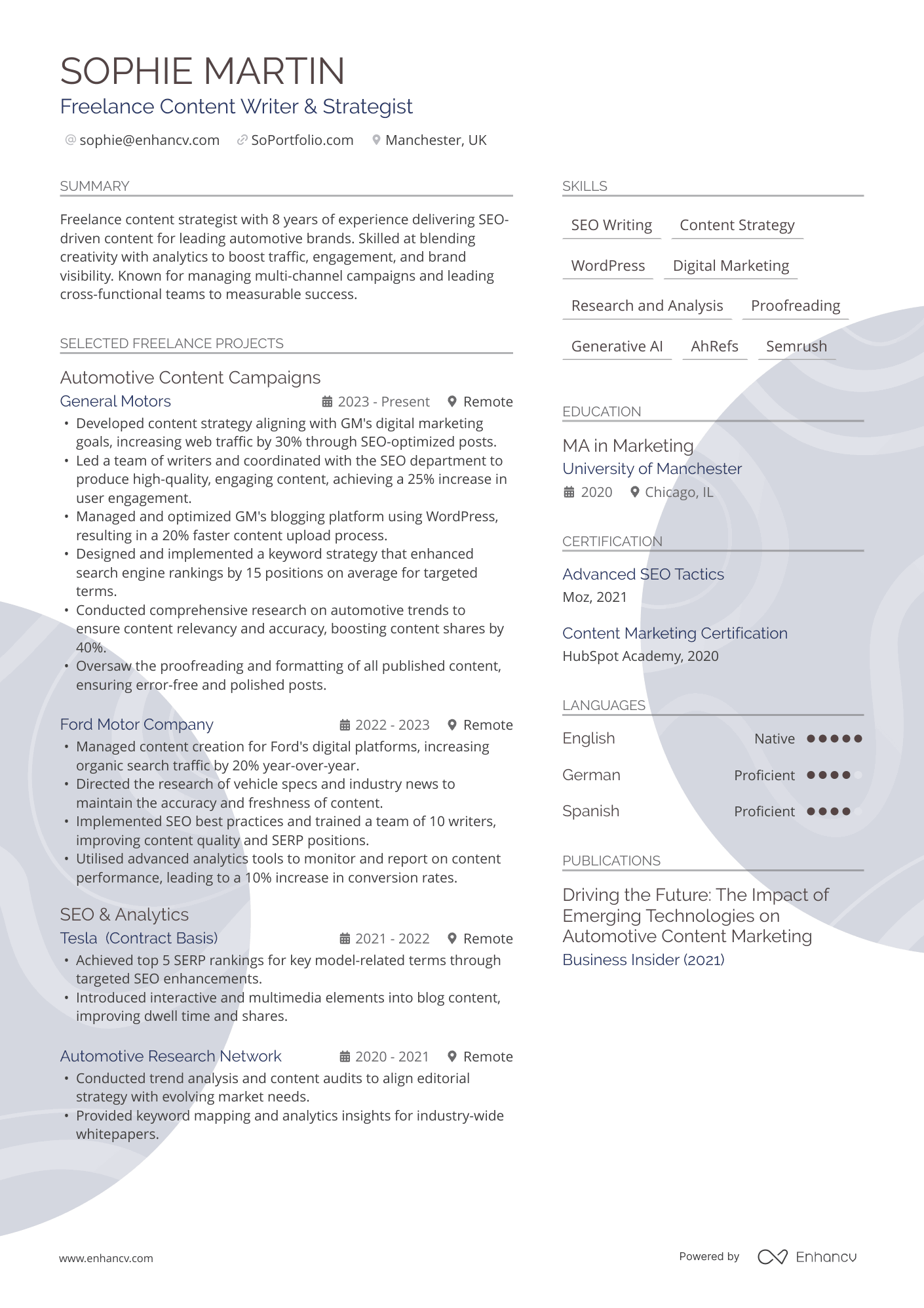 Freelance Content Writer &amp; Strategist CV Example