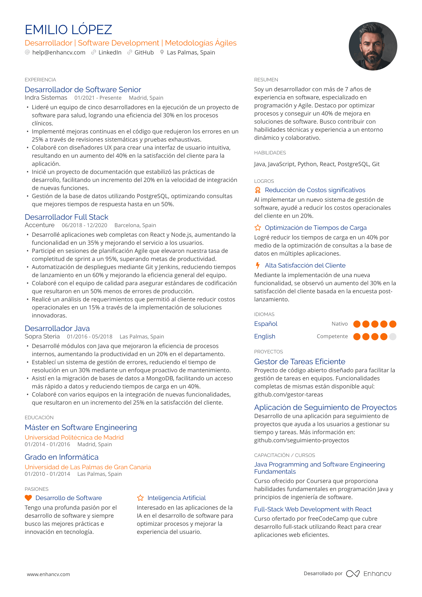 Desarrollador | Software Development | Metodologías Ágiles Ejemplo de CV