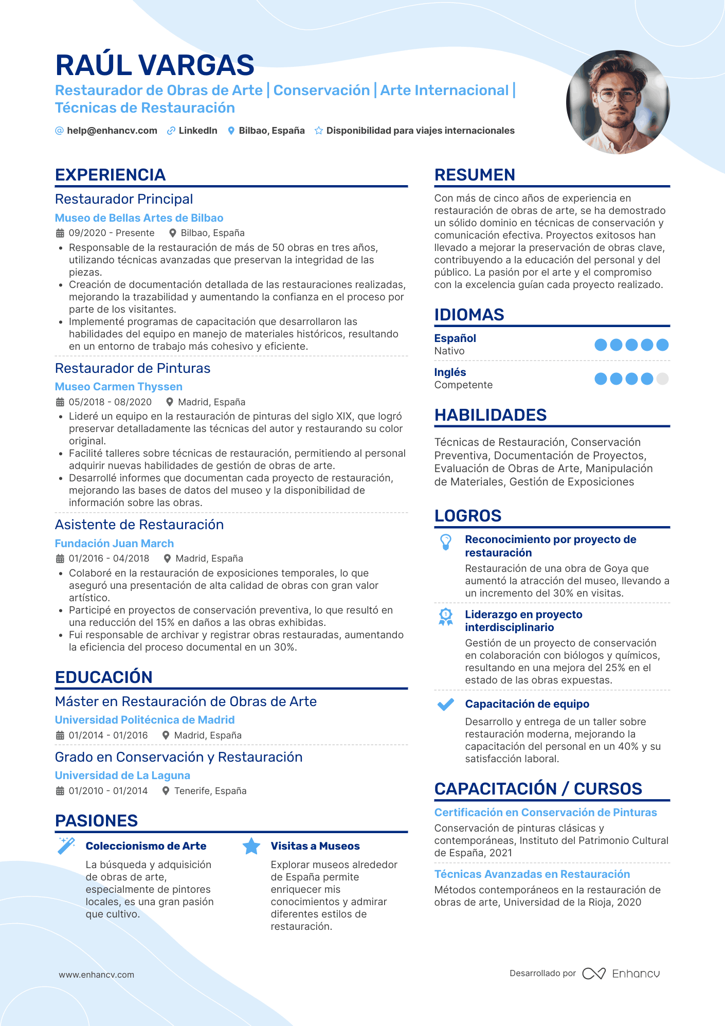 Restaurador de Obras de Arte | Conservación | Arte Internacional | Técnicas de Restauración Ejemplo de CV