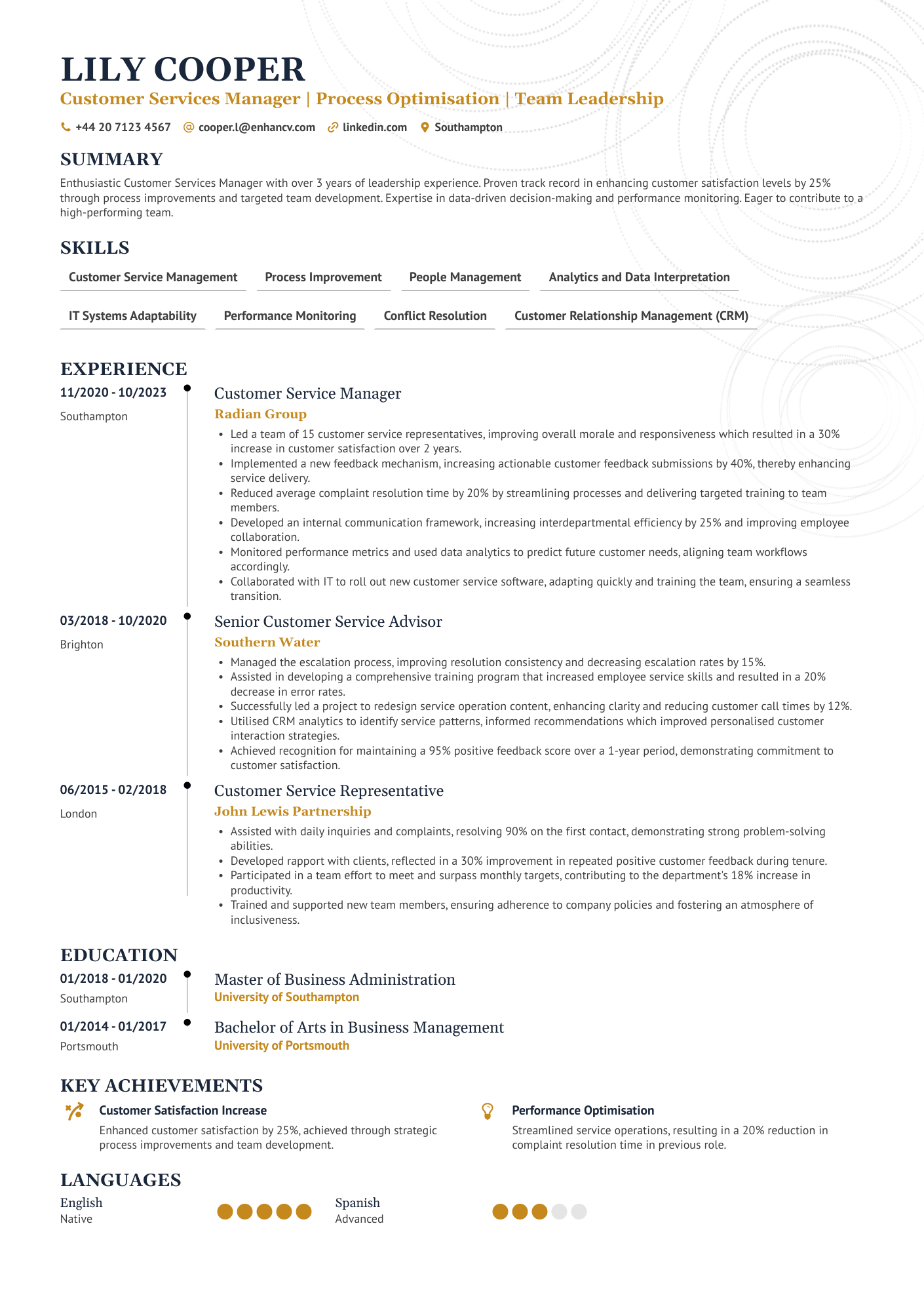 Customer Services Manager | Process Optimisation | Team Leadership resume example