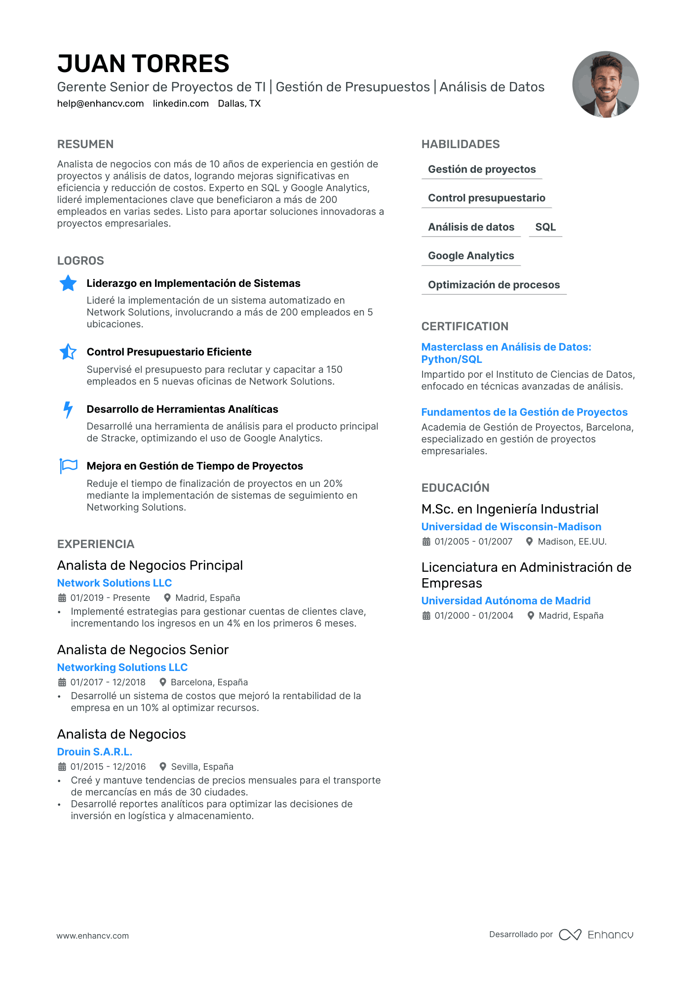 Gerente Senior de Proyectos de TI | Gestión de Presupuestos | Análisis de Datos resume example