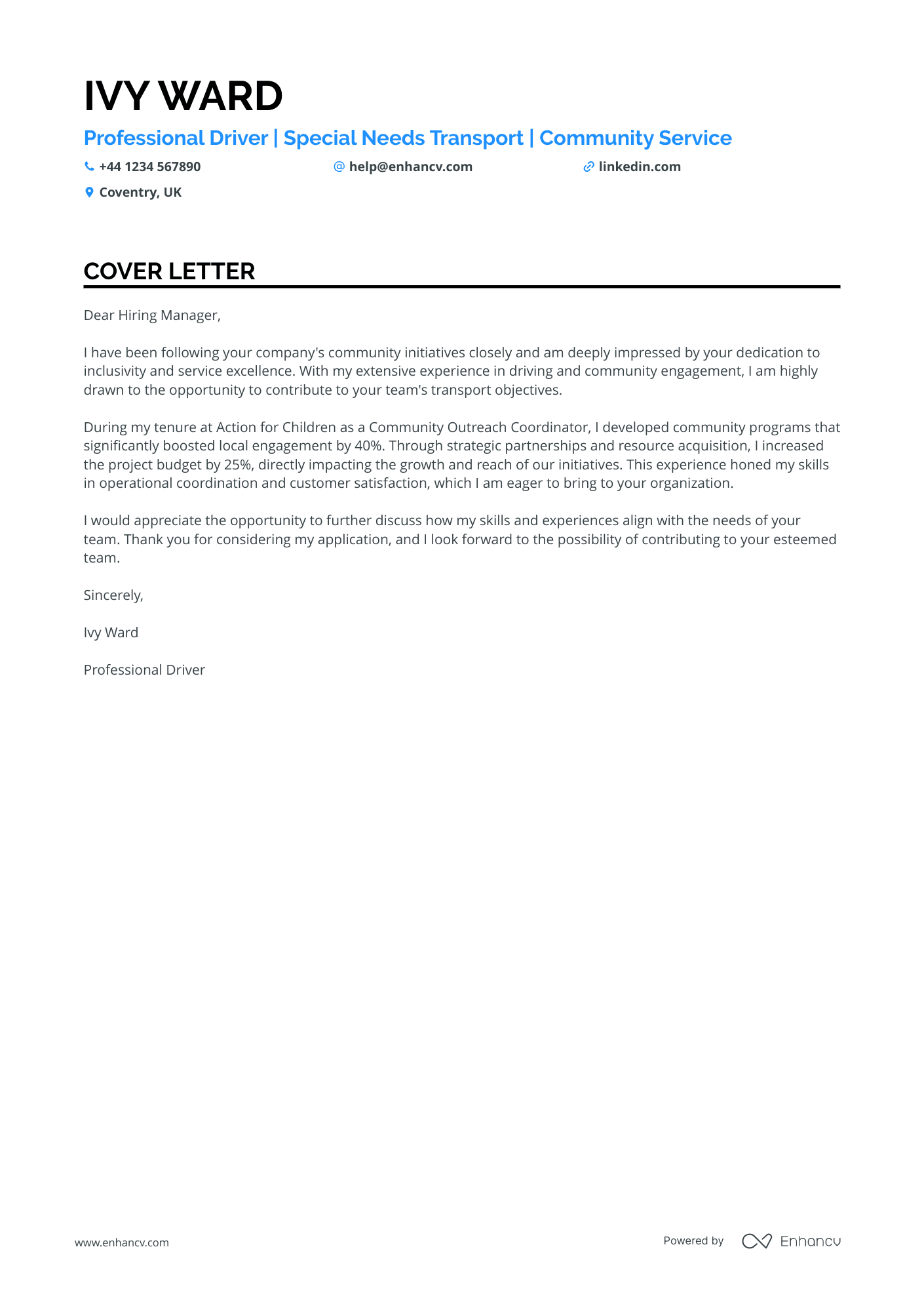 Driver cover letter example