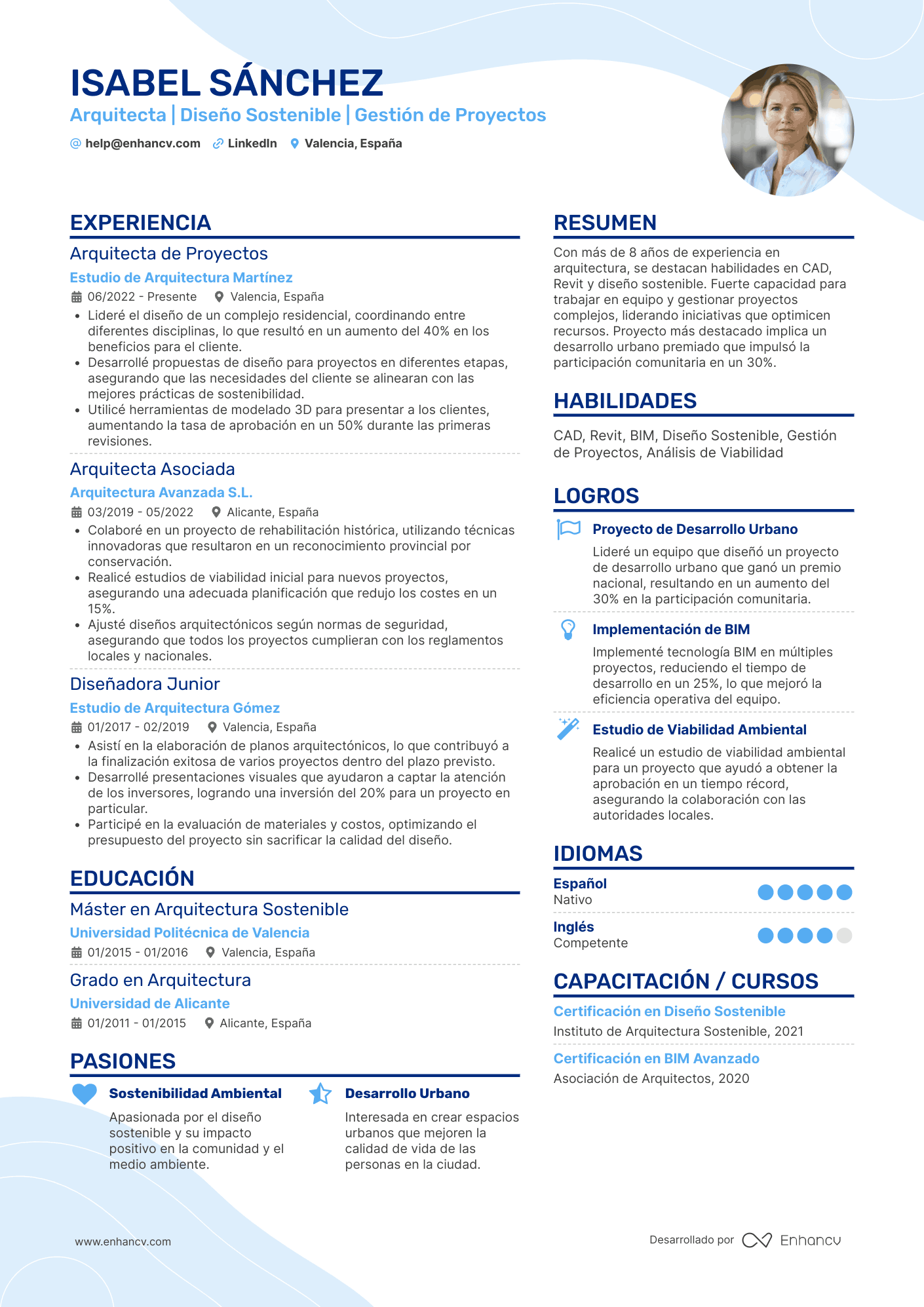 Arquitecta | Diseño Sostenible | Gestión de Proyectos Ejemplo de CV