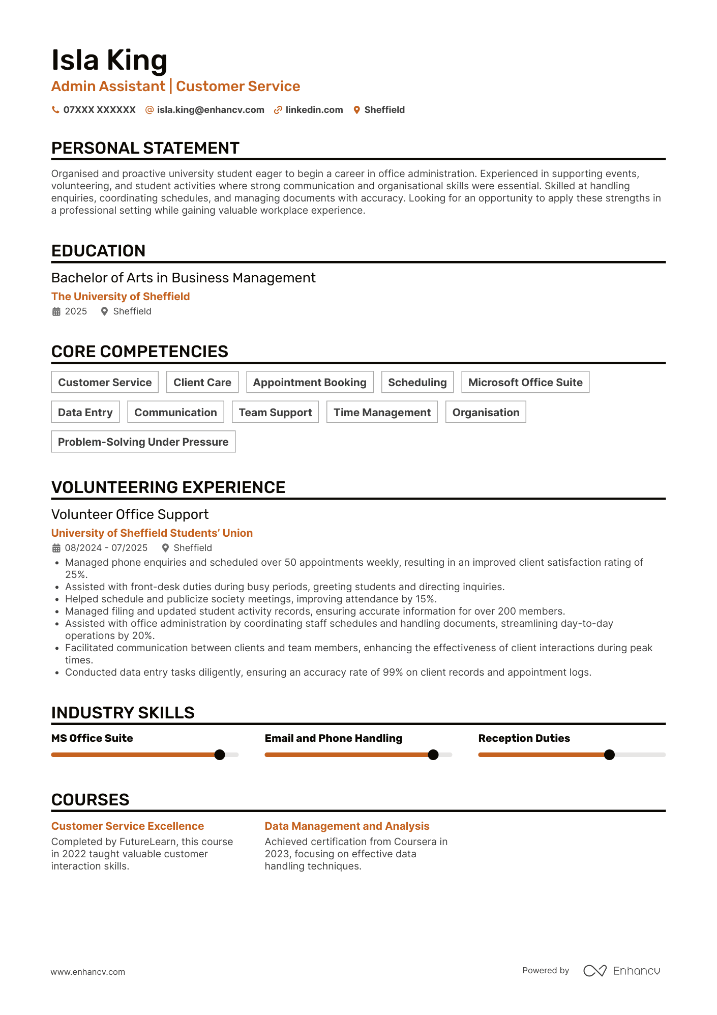 Admin Assistant | Customer Service  CV Example