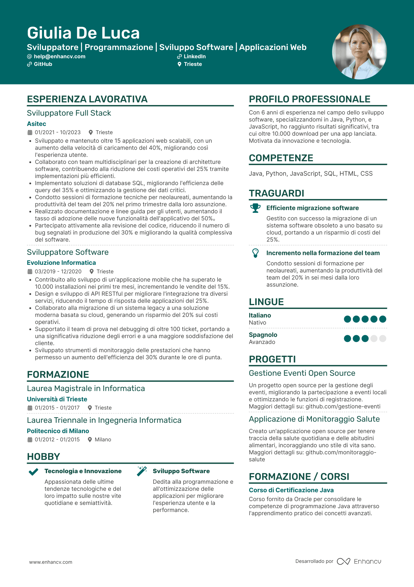 Sviluppatore | Programmazione | Sviluppo Software | Applicazioni Web Esempio di CV