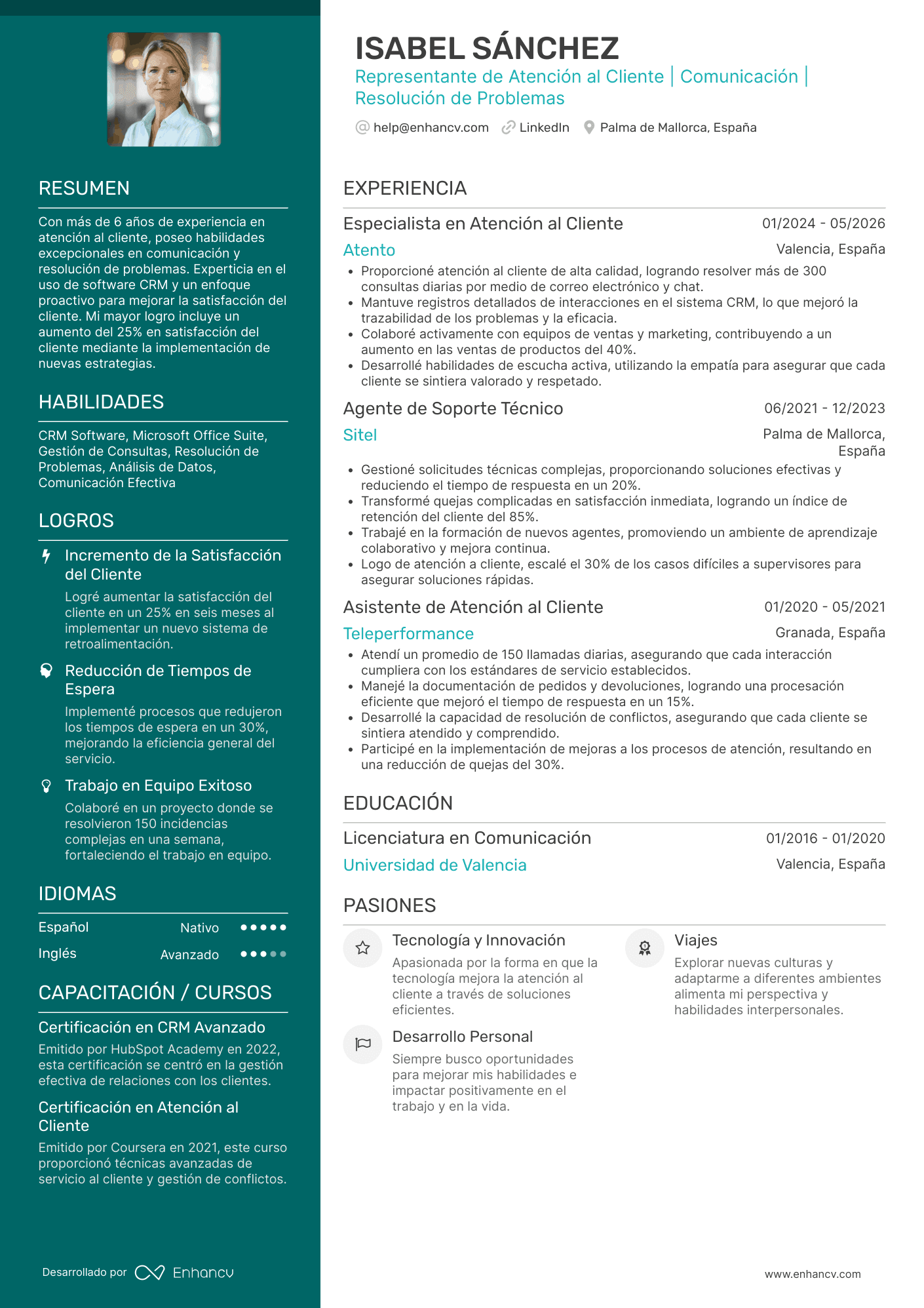 Representante de Atención al Cliente | Comunicación | Resolución de Problemas Ejemplo de CV