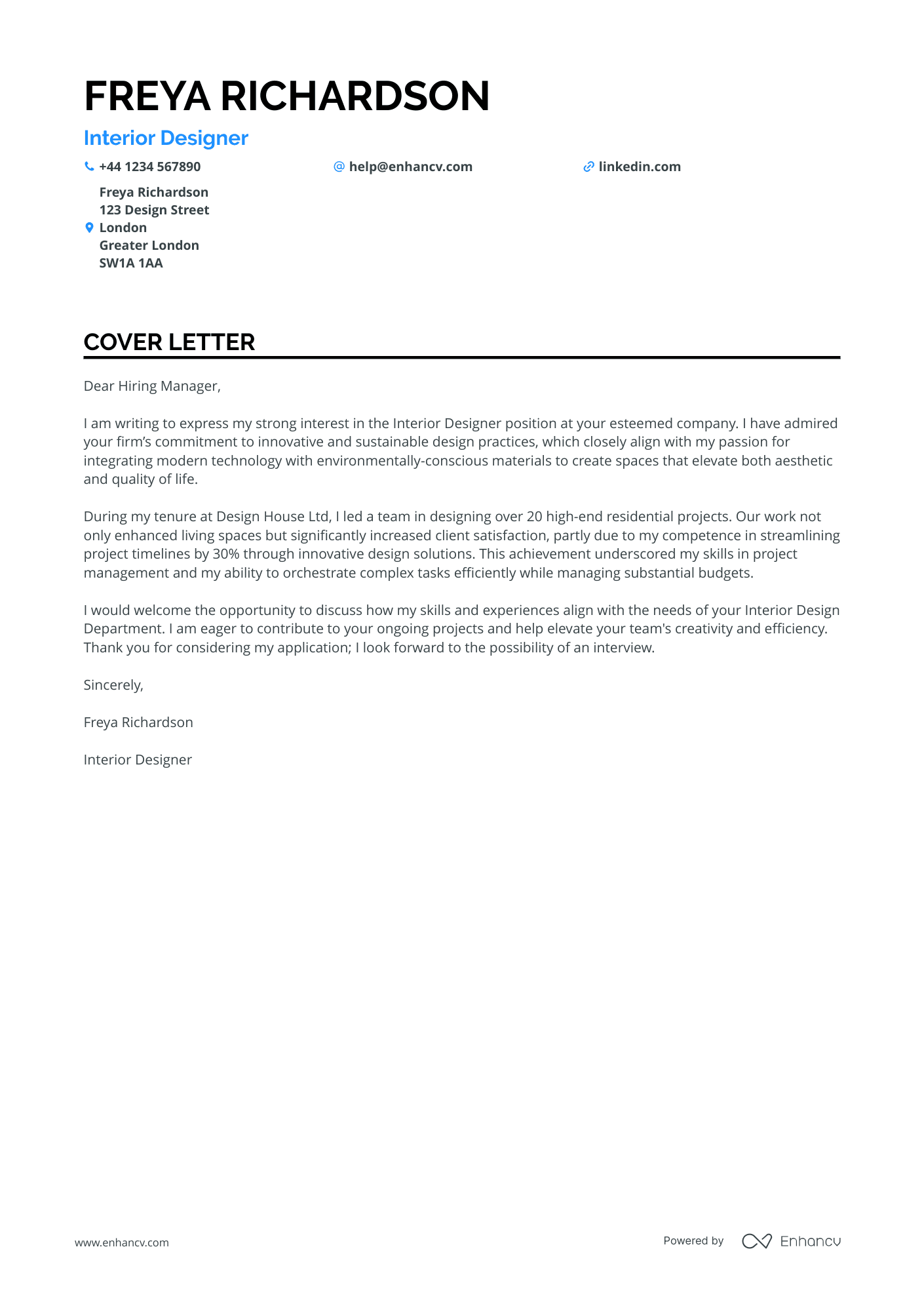 Interior designer cover letter example