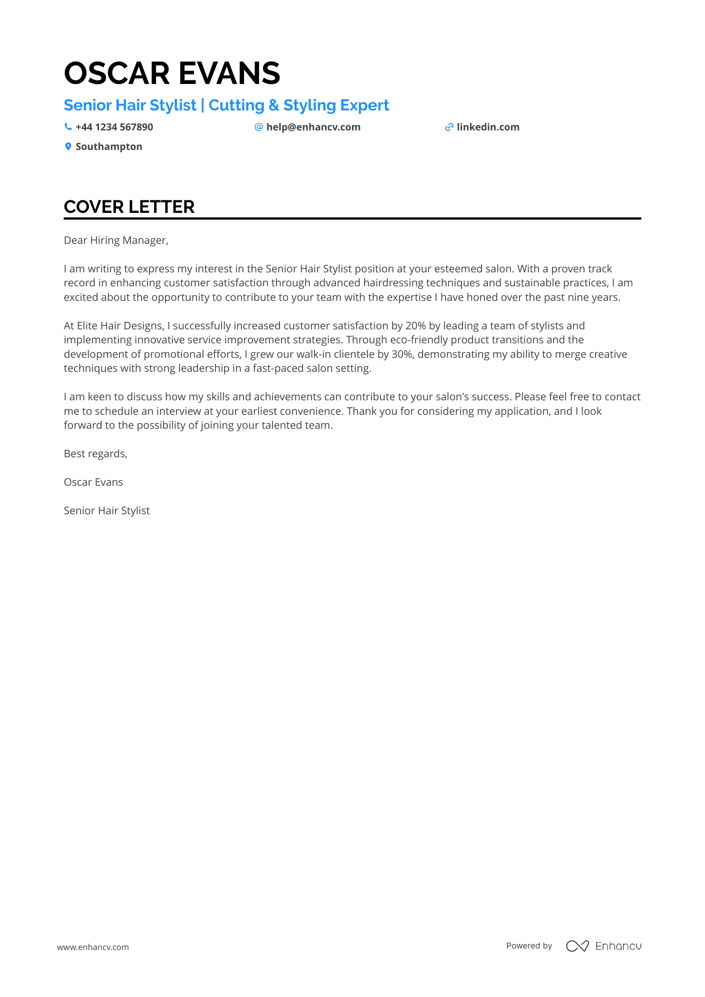Hairdresser cover letter example