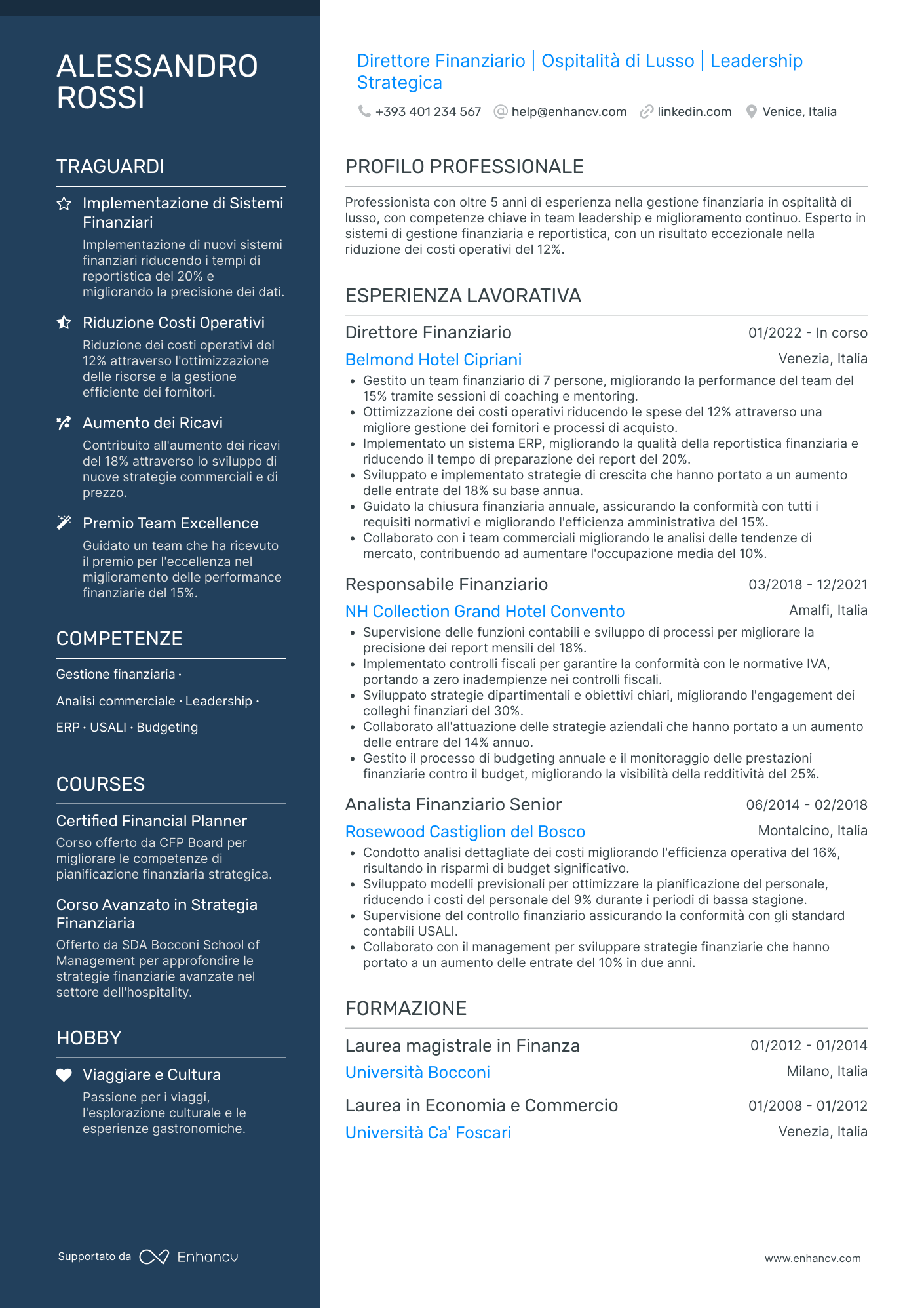 Direttore Finanziario | Ospitalità di Lusso | Leadership Strategica resume example