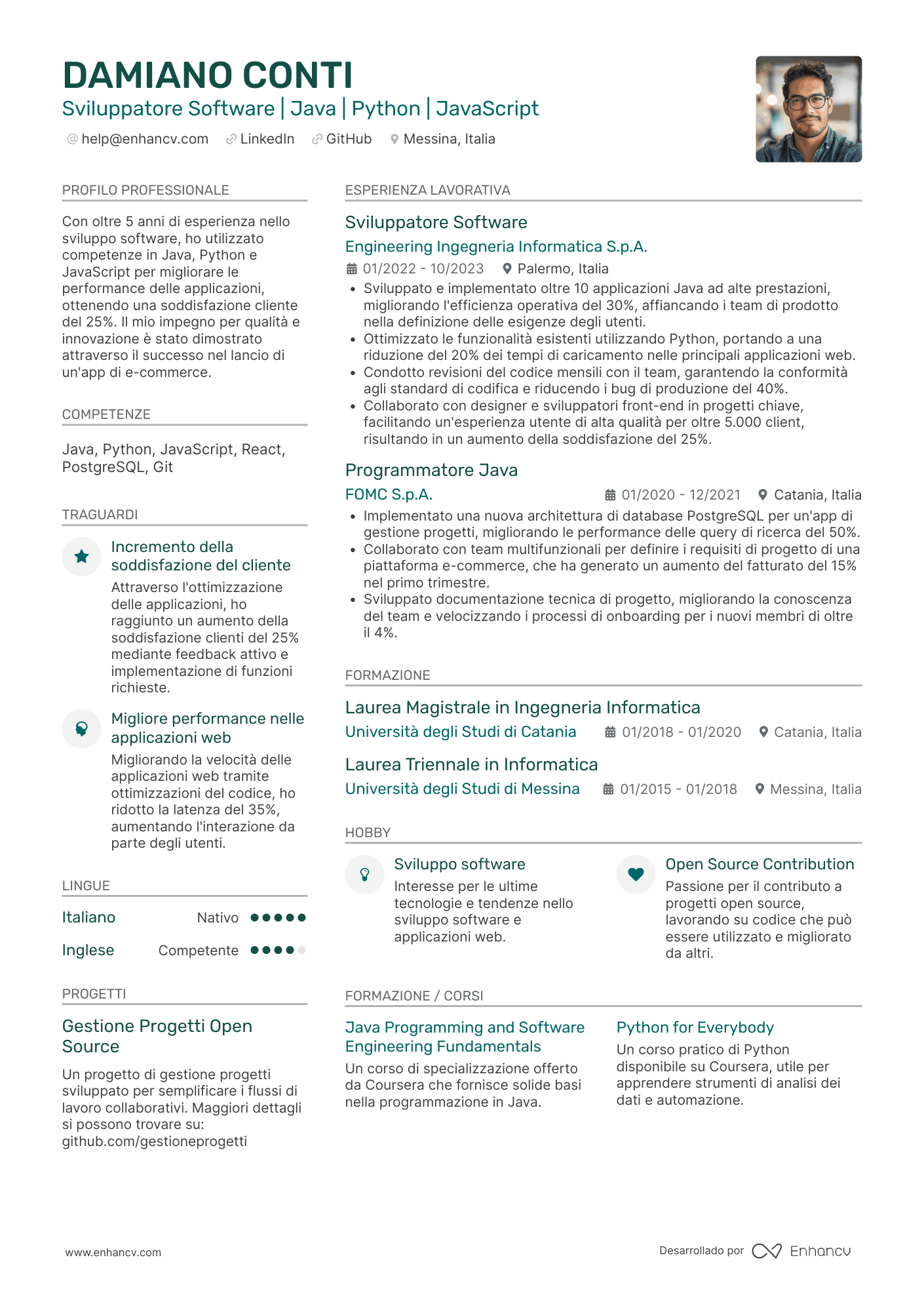 Sviluppatore Software | Java | Python | JavaScript Esempio di CV