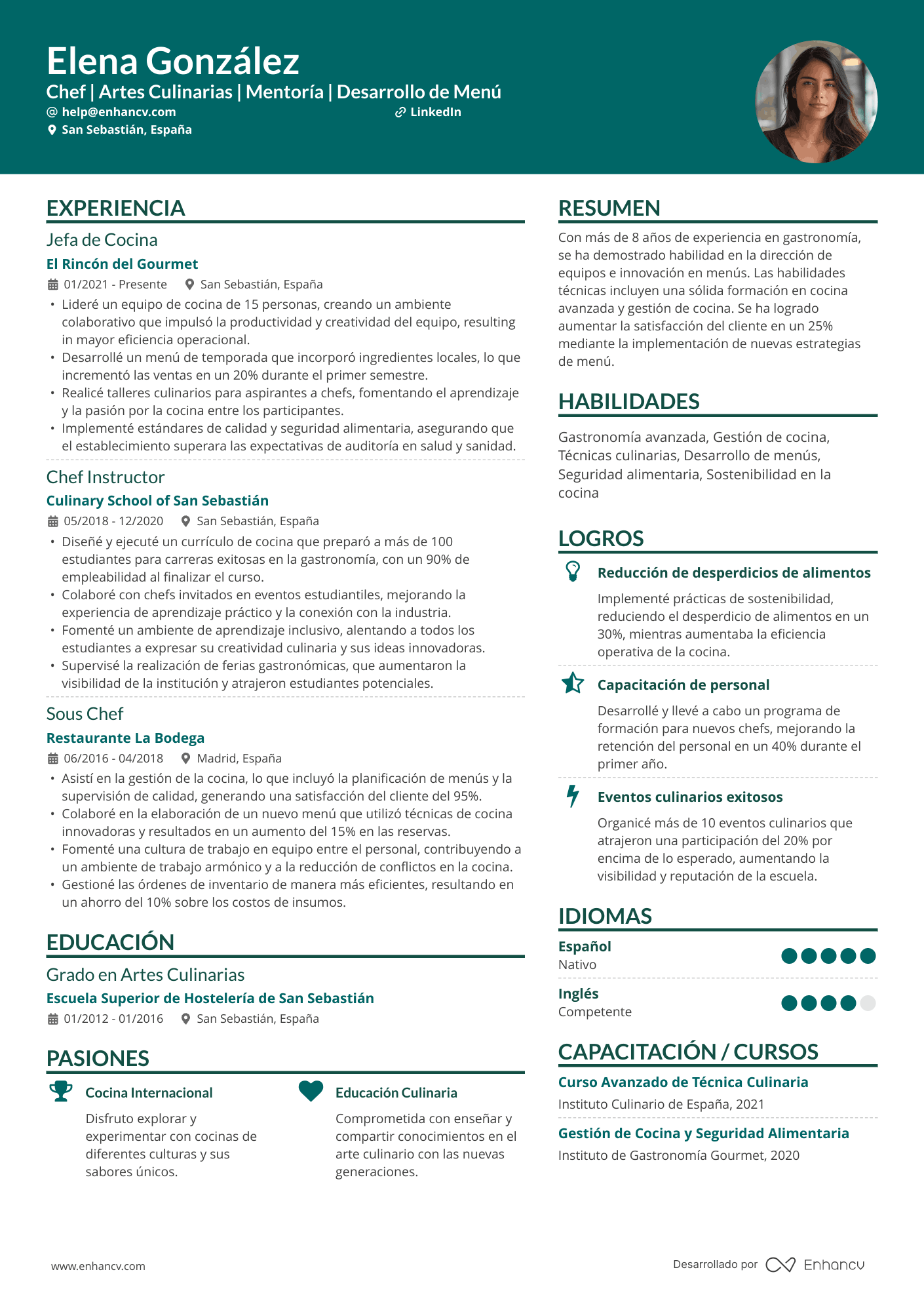 Chef | Artes Culinarias | Mentoría | Desarrollo de Menú Ejemplo de CV