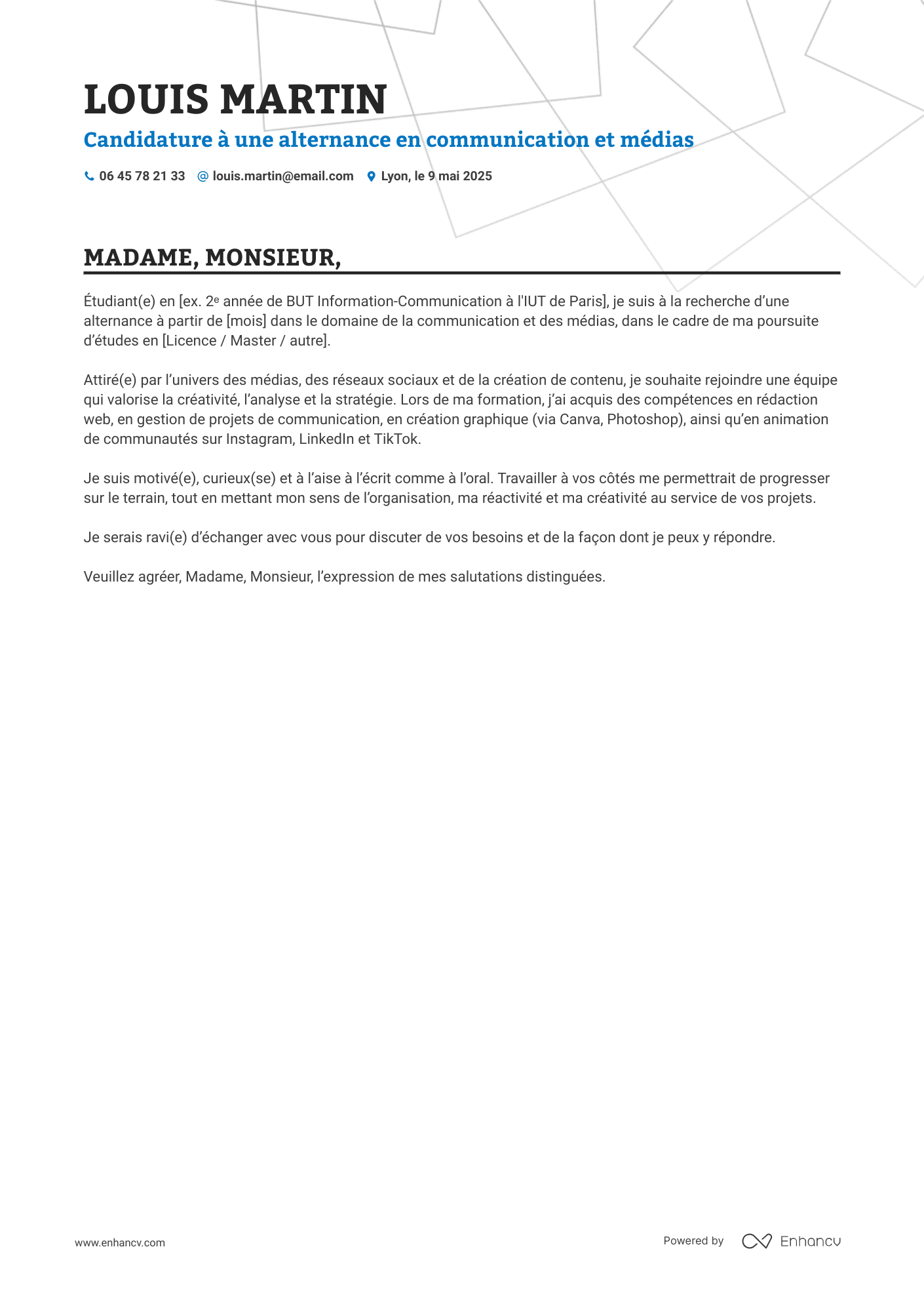 Candidature à une alternance en communication et médias resume example