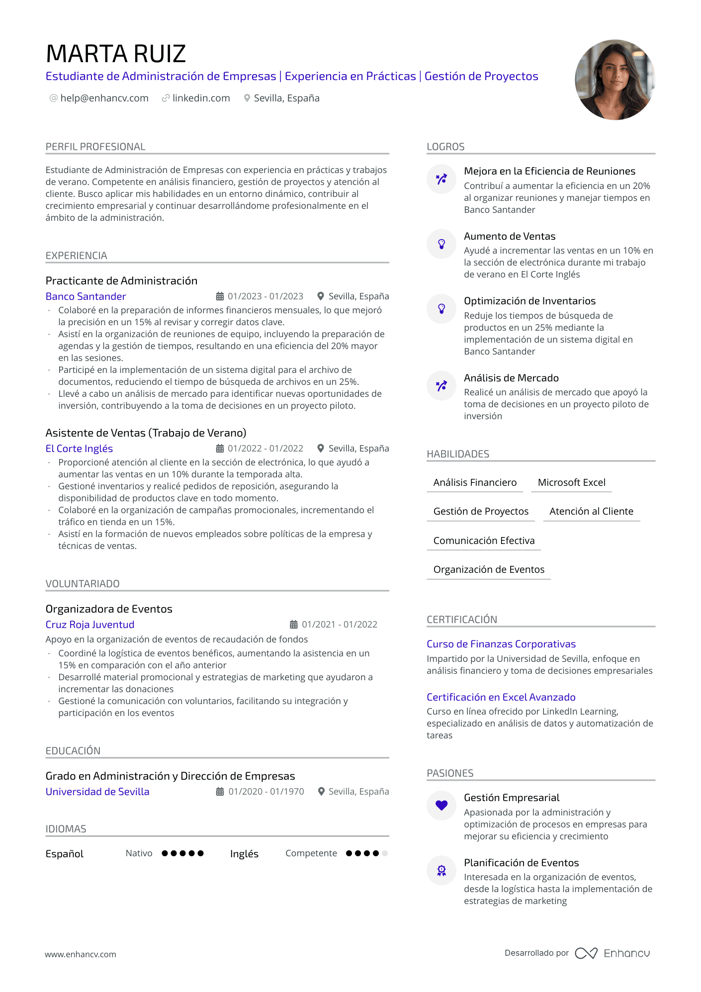 Estudiante de Administración de Empresas | Experiencia en Prácticas | Gestión de Proyectos resume example