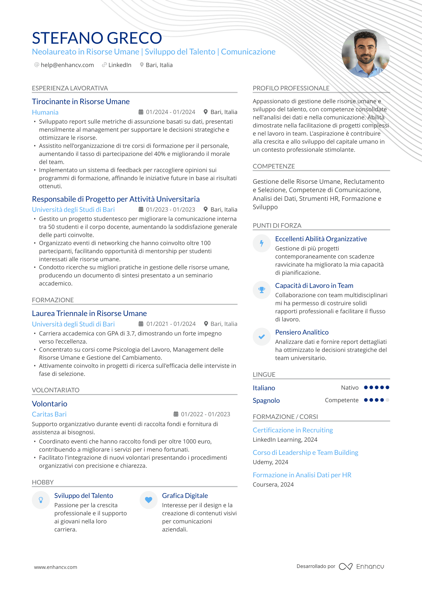 Neolaureato in Risorse Umane | Sviluppo del Talento | Comunicazione Esempio di CV