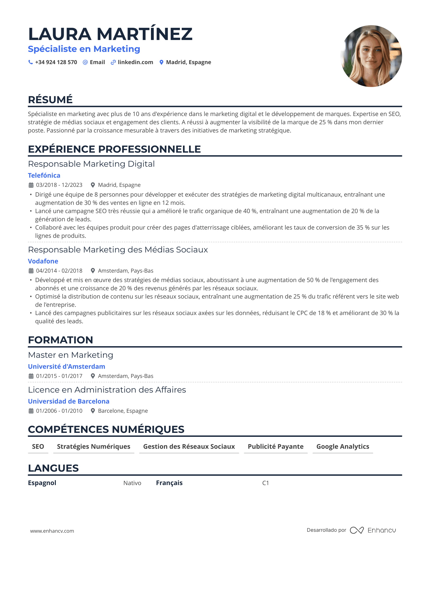 Spécialiste en Marketing Ejemplo de CV