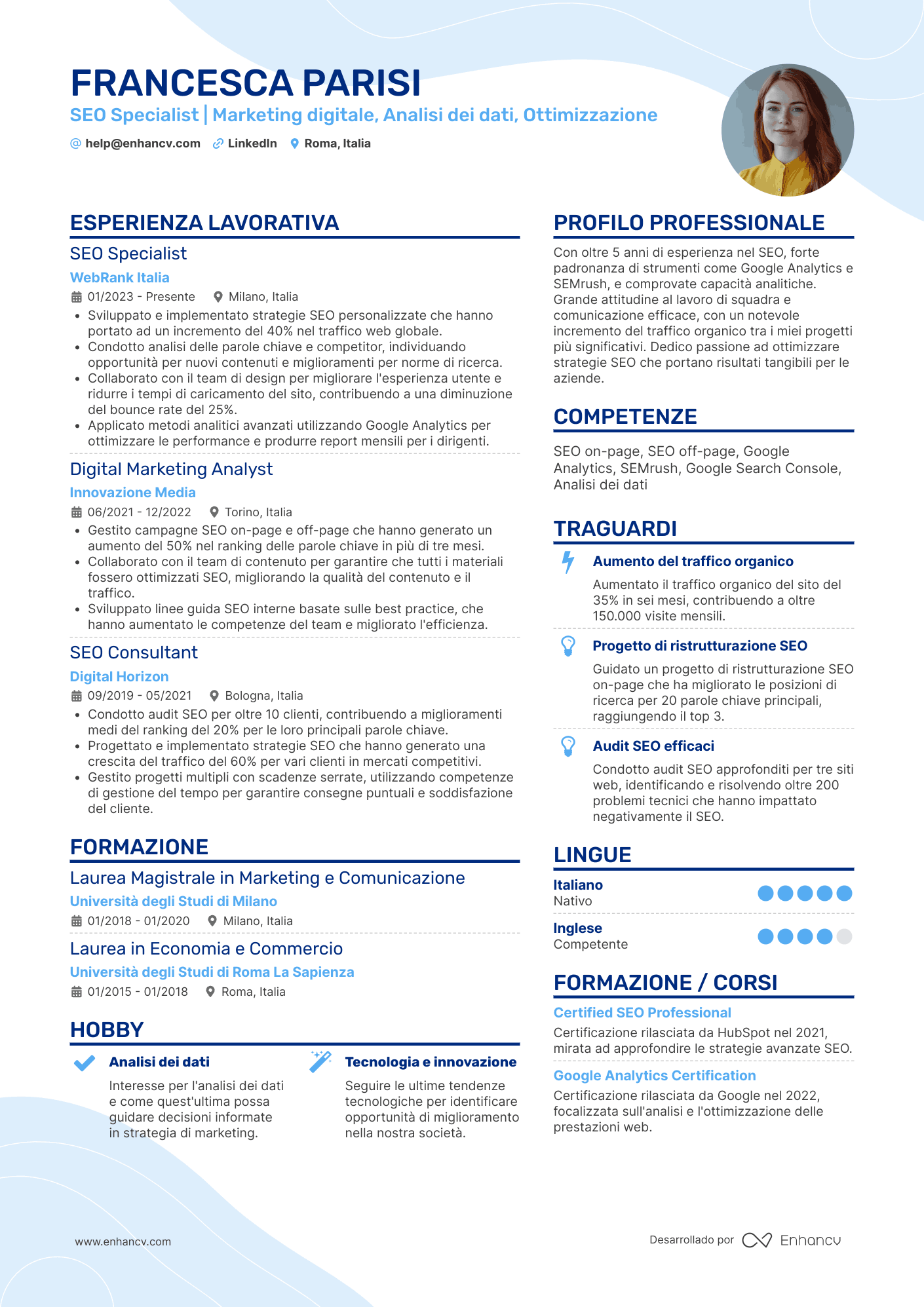 SEO Specialist | Marketing digitale, Analisi dei dati, Ottimizzazione Esempio di CV