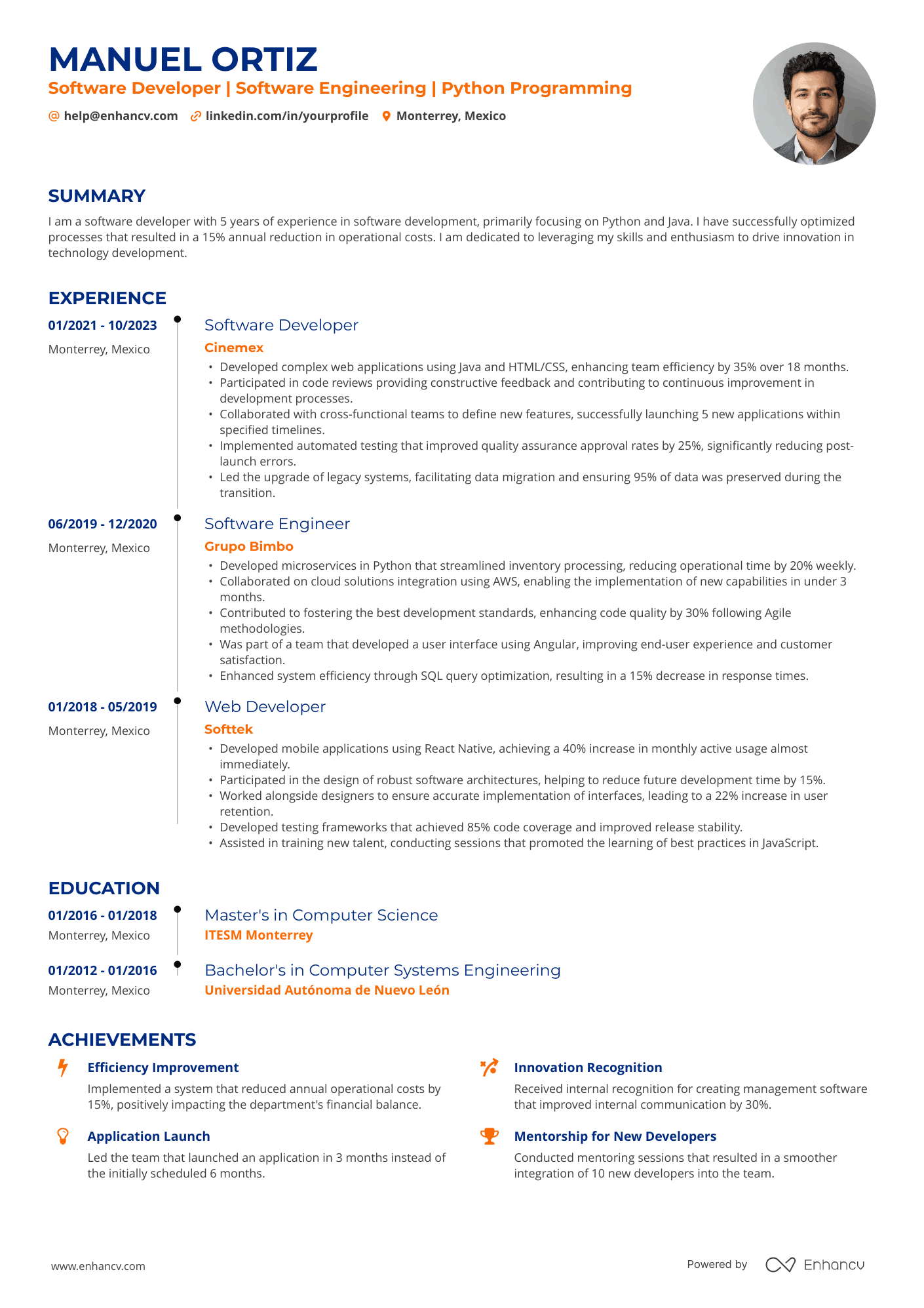 Software Developer | Software Engineering | Python Programming resume example