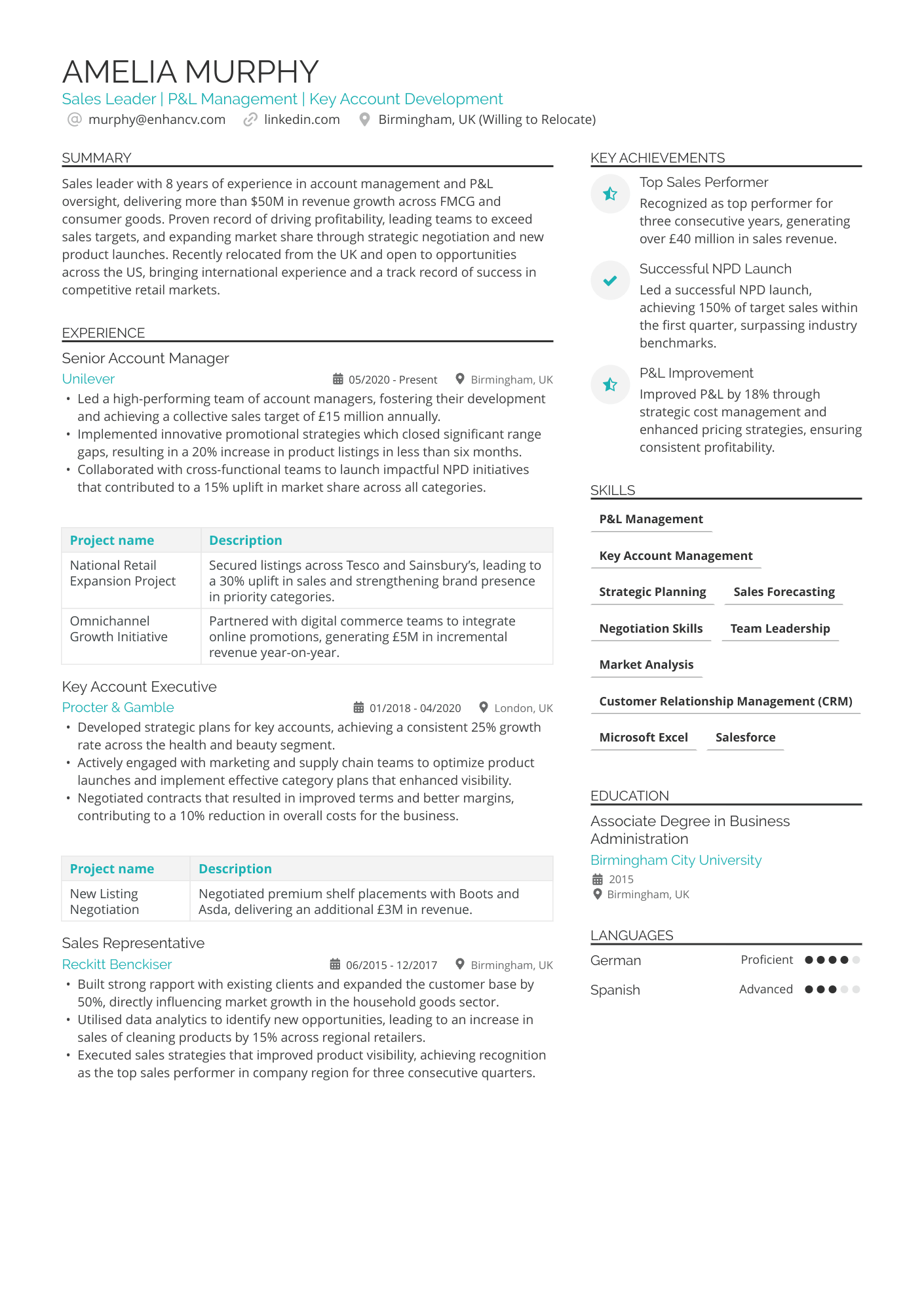 Sales Leader | P&amp;L Management | Key Account Development CV Example
