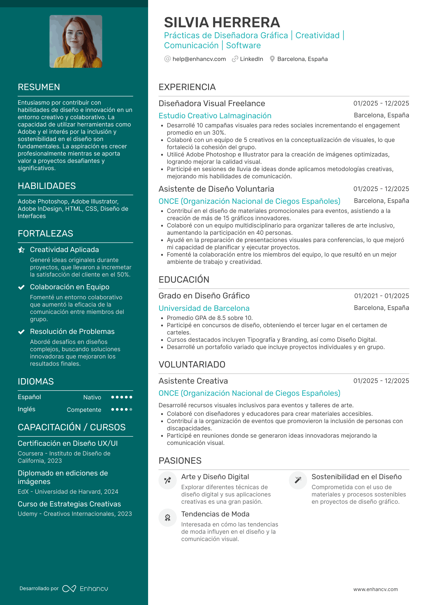 Prácticas de Diseñadora Gráfica | Creatividad | Comunicación | Software Ejemplo de CV