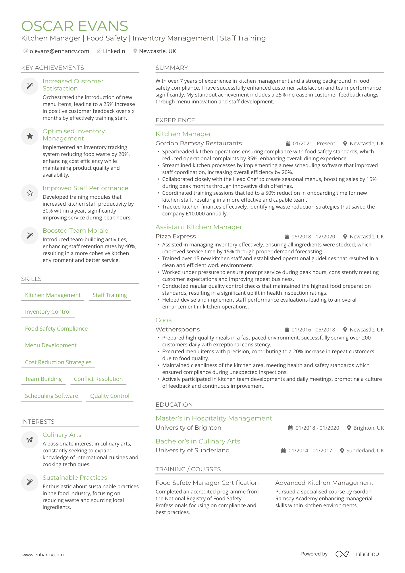 Kitchen Manager | Food Safety | Inventory Management | Staff Training CV Example