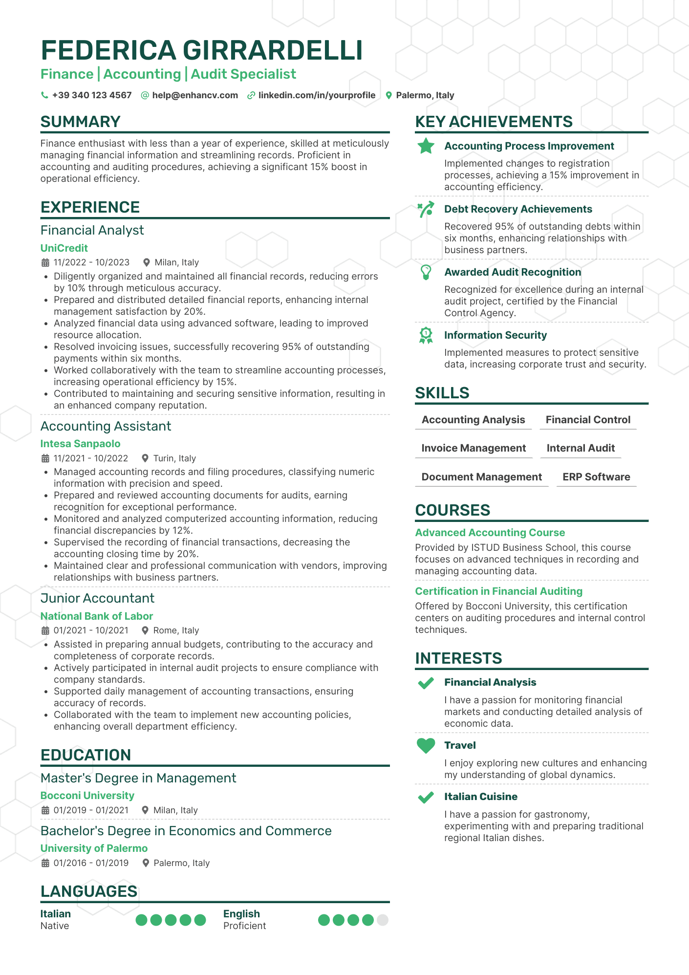 Specialista di Finanza | Contabilità | Audit resume example