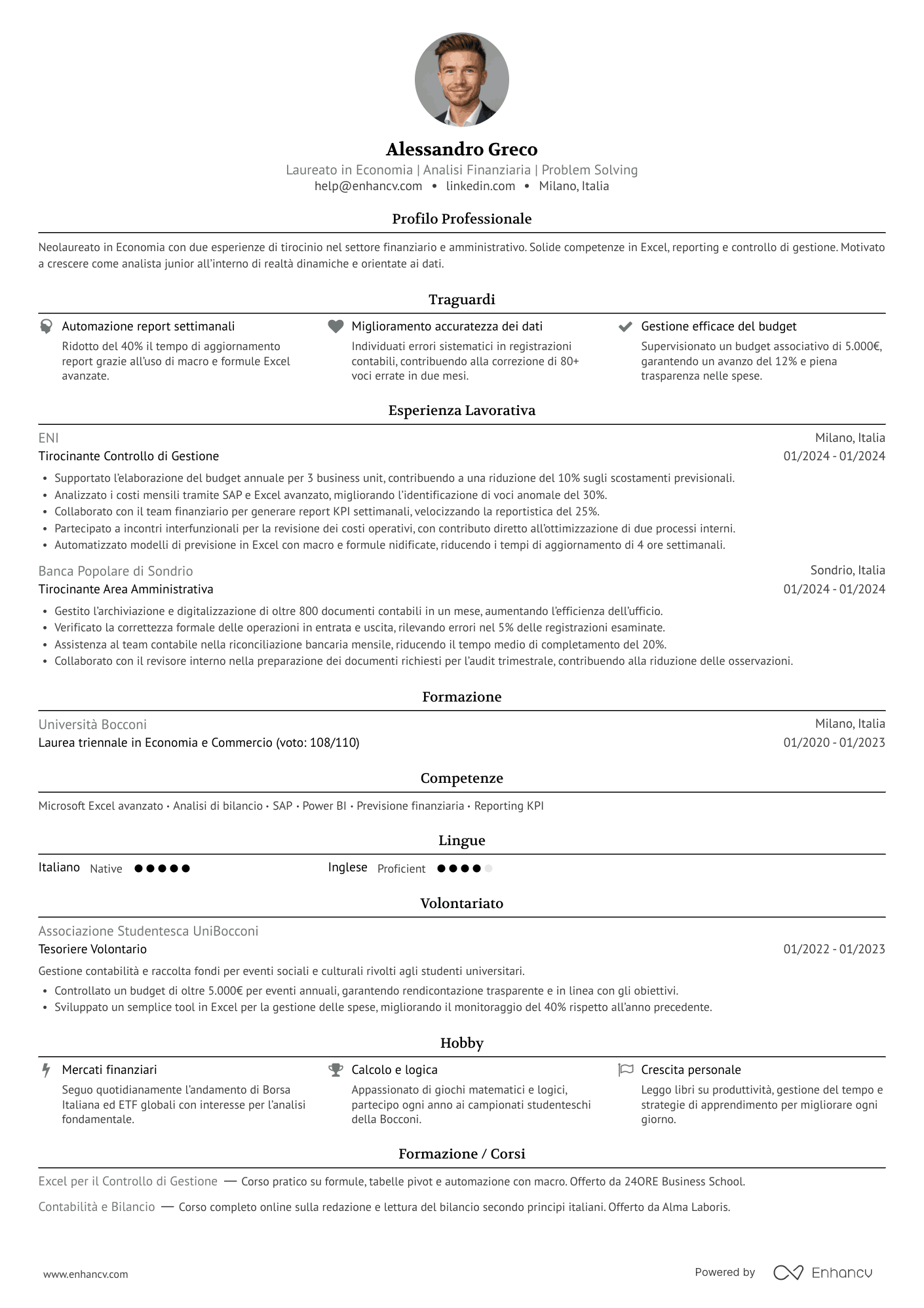 Laureato in Economia | Analisi Finanziaria | Problem Solving Esempio di CV