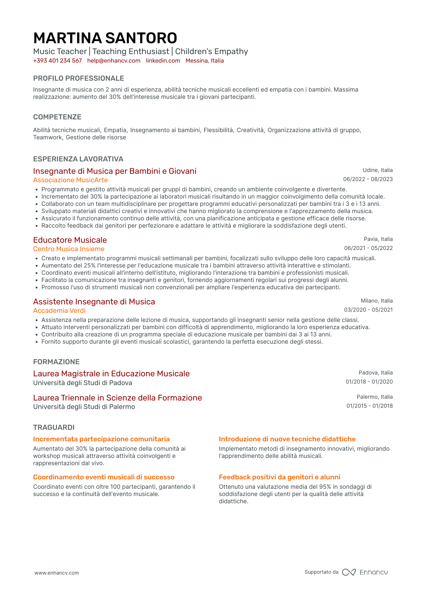 Music Teacher | Teaching Enthusiast | Children's Empathy resume example