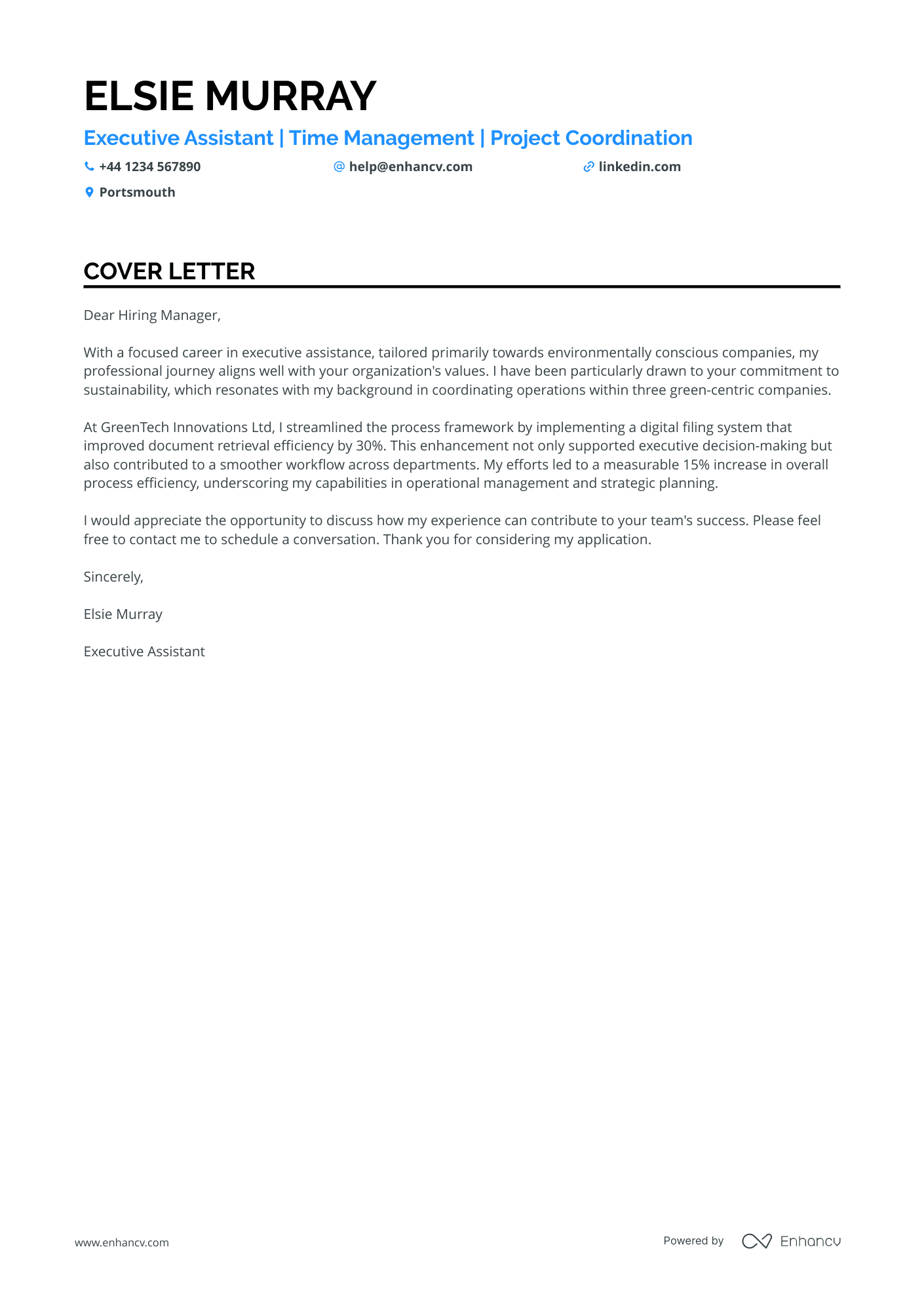 Executive assistant cover letter example