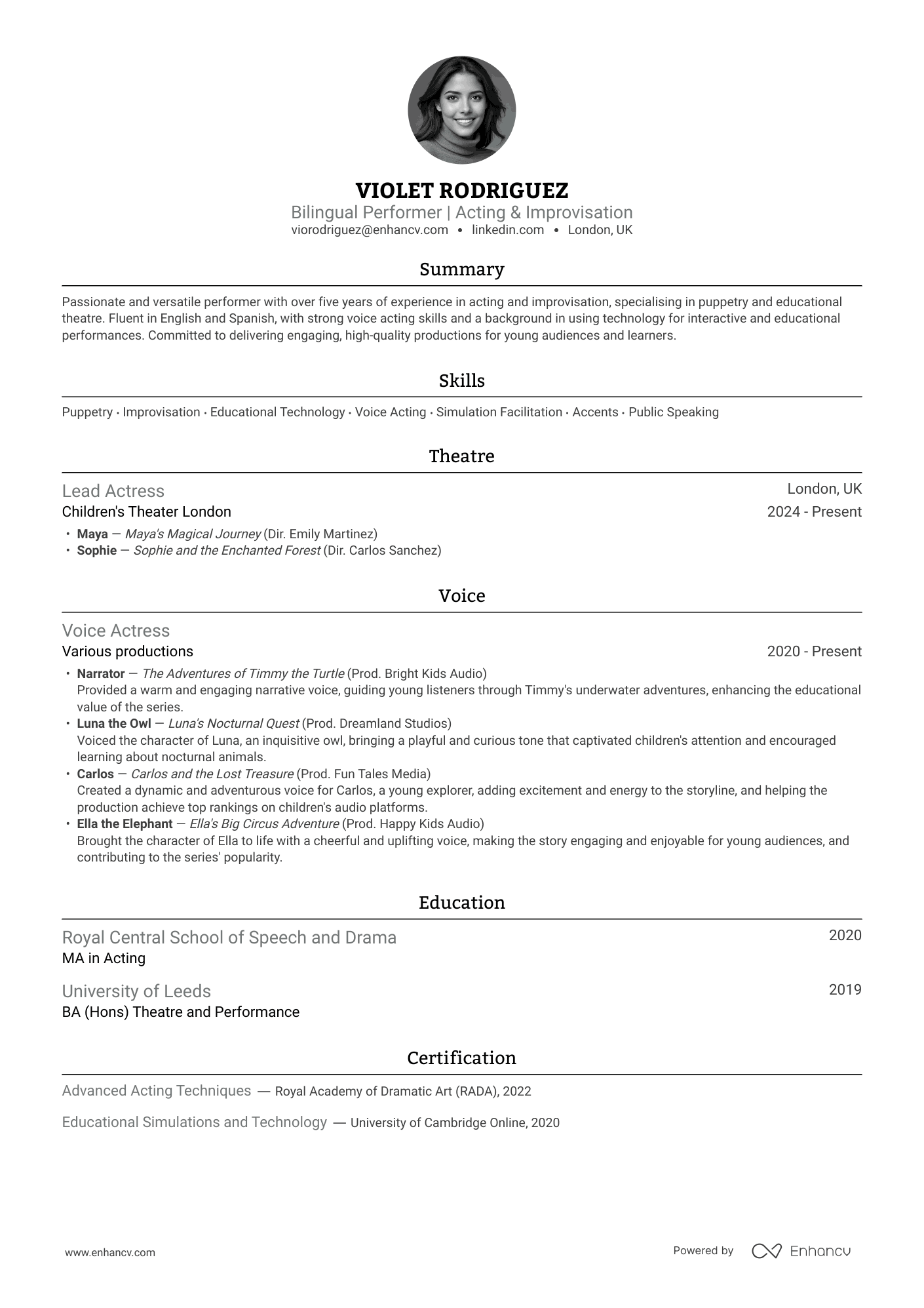 Bilingual Performer | Acting & Improvisation CV Example
