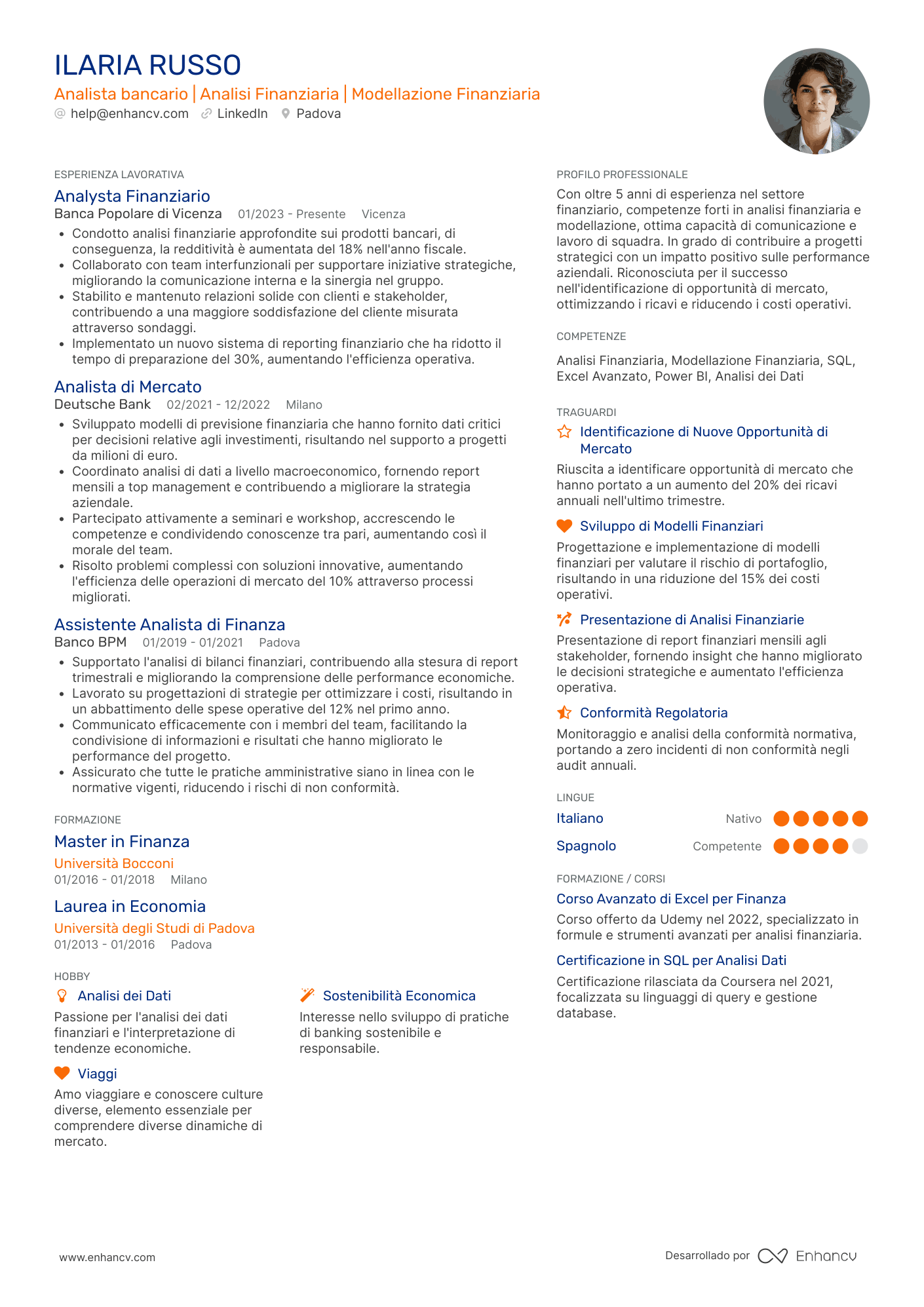 Analista bancario | Analisi Finanziaria | Modellazione Finanziaria Esempio di CV