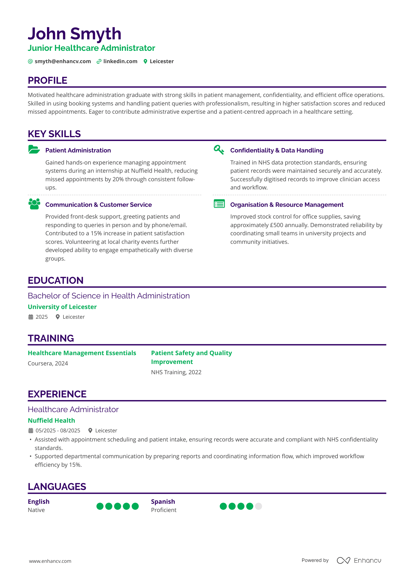 Junior Healthcare Administrator CV Example