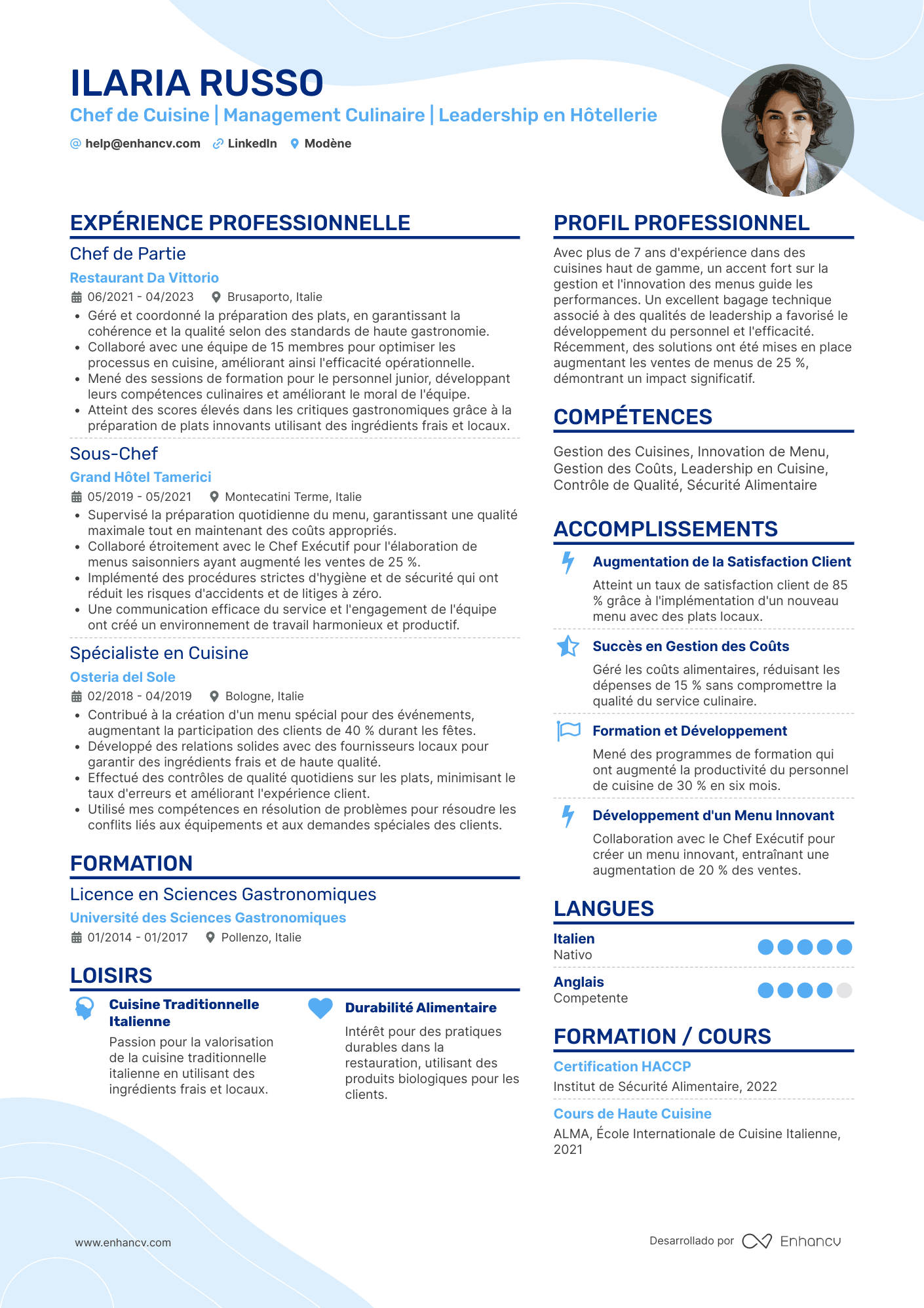 Chef de Cuisine | Management Culinaire | Leadership en Hôtellerie Esempio di CV