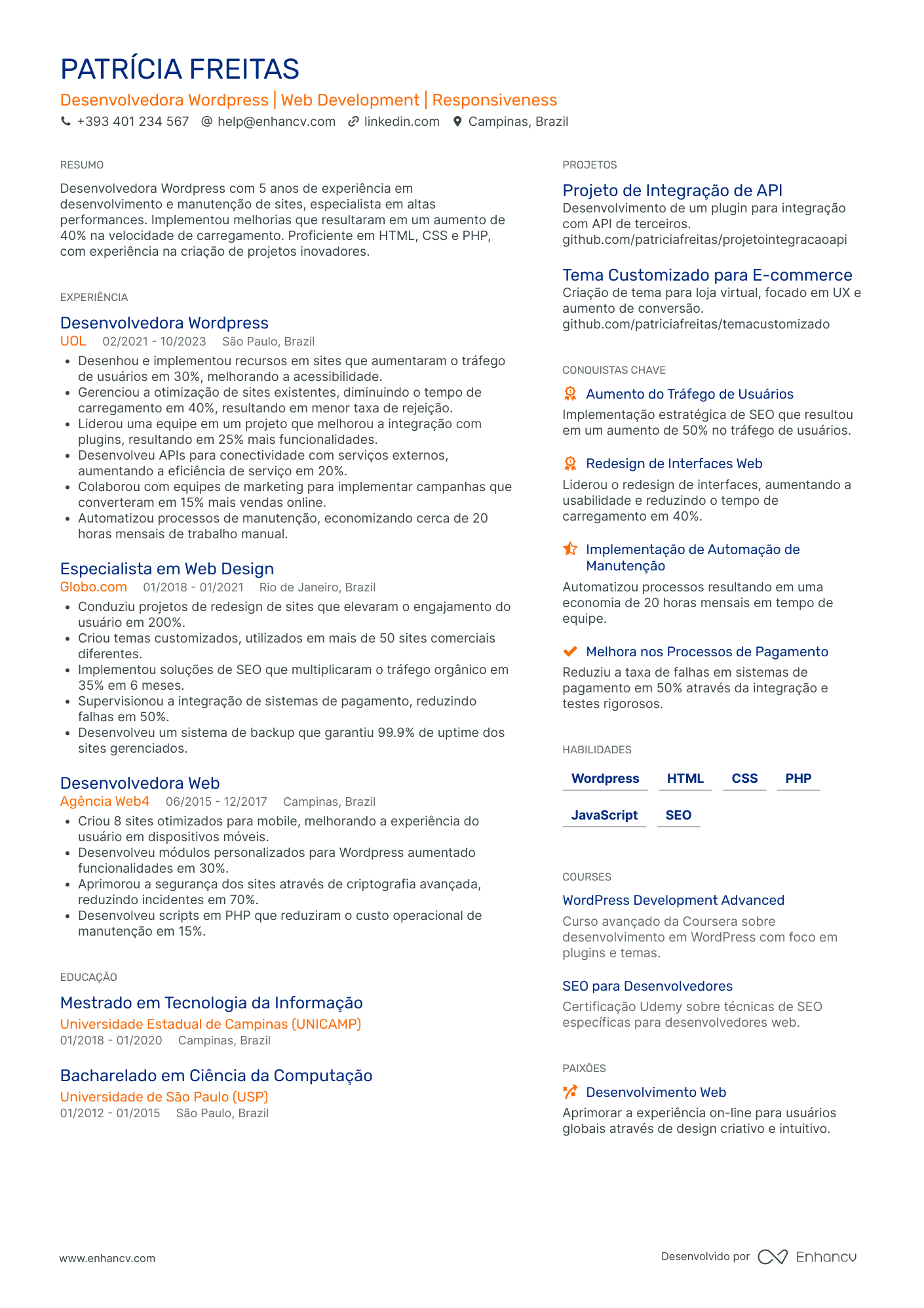 Desenvolvedora Wordpress | Web Development | Responsiveness resume example