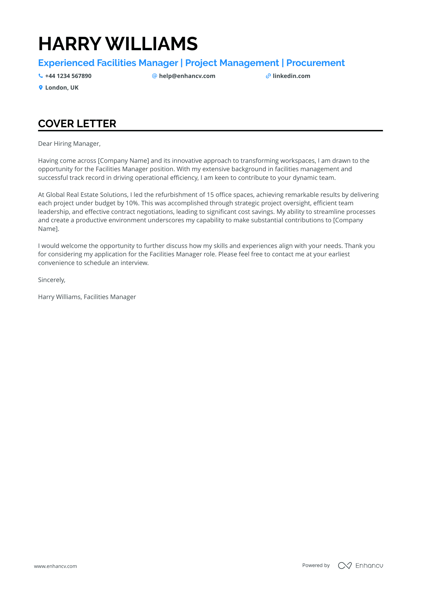 Facilities Manager cover letter example