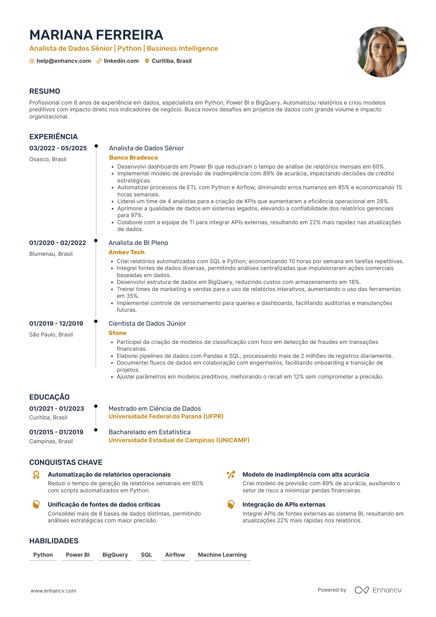 Analista de Dados Sênior | Python | Business Intelligence resume example