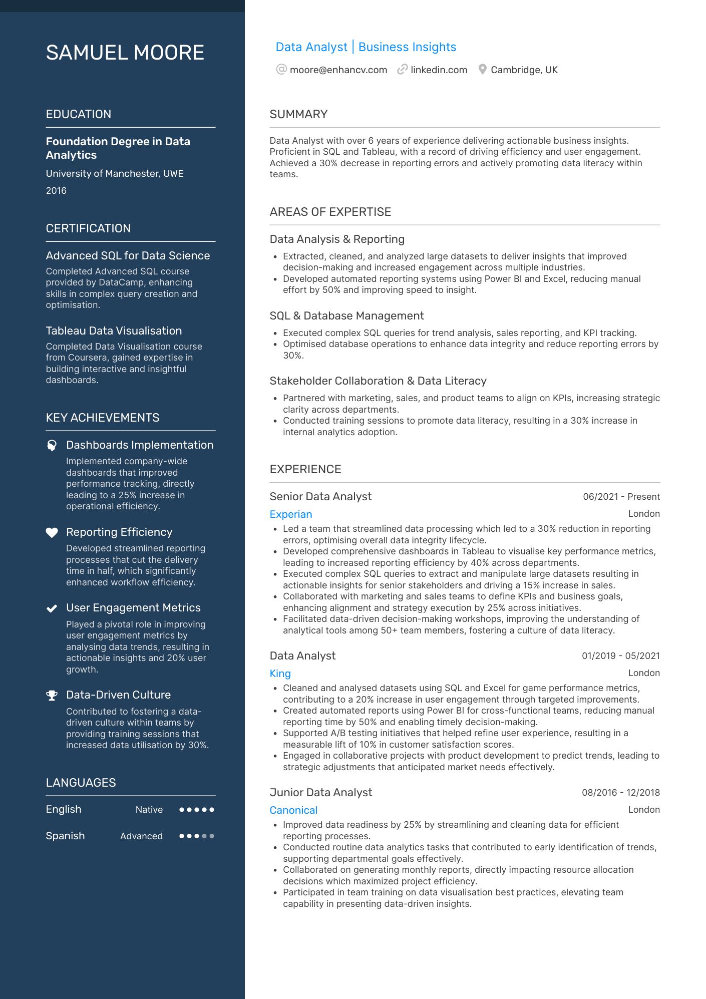 Data Analyst | Business Insights resume example